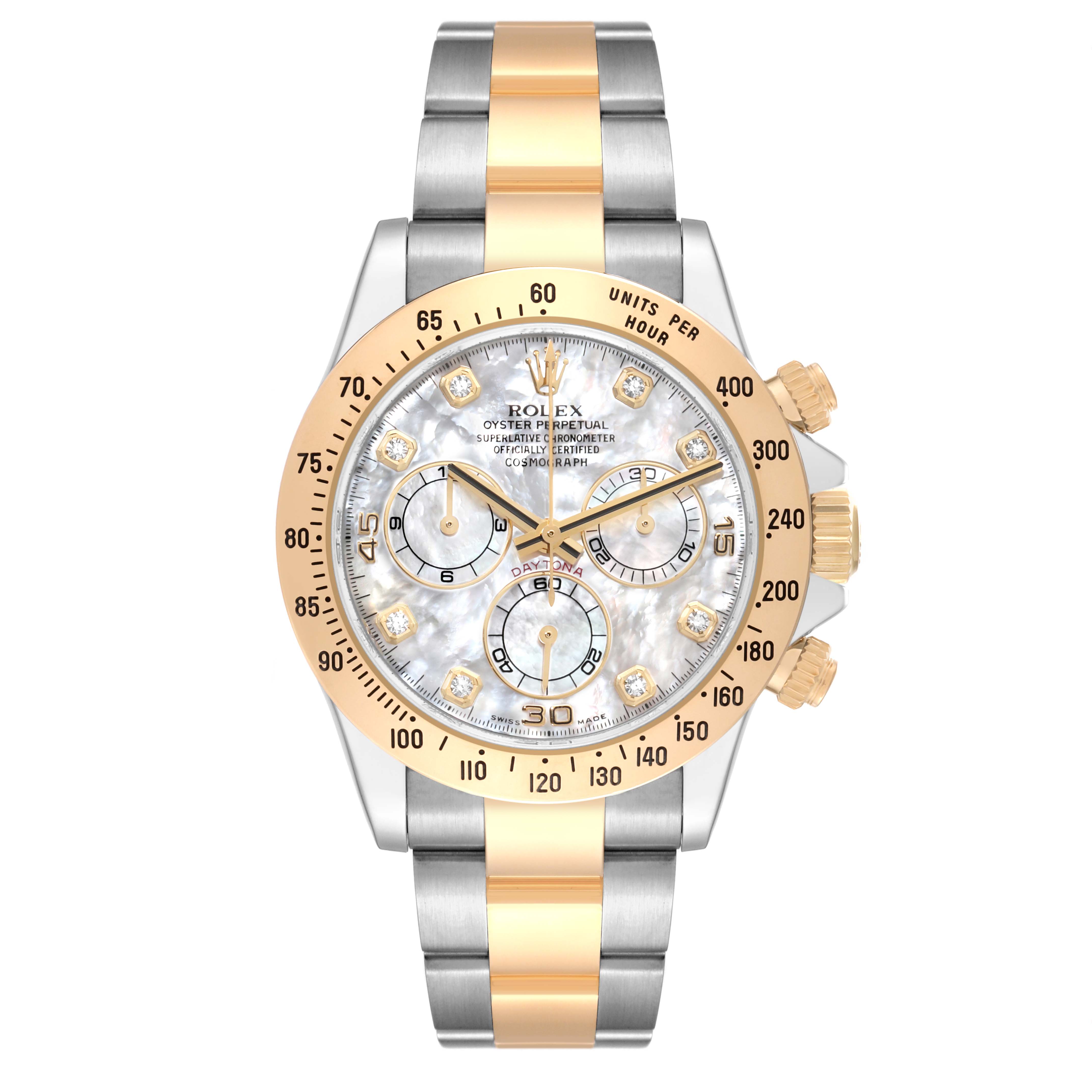 The image shows a front view of the Rolex Daytona 116523 Men's Steel and Gold (two tone) Mother of Pearl Dial 116523 Men's Steel and Gold (two tone) Mother of Pearl Dial watch, highlighting the dial, bezel, and bracelet.
