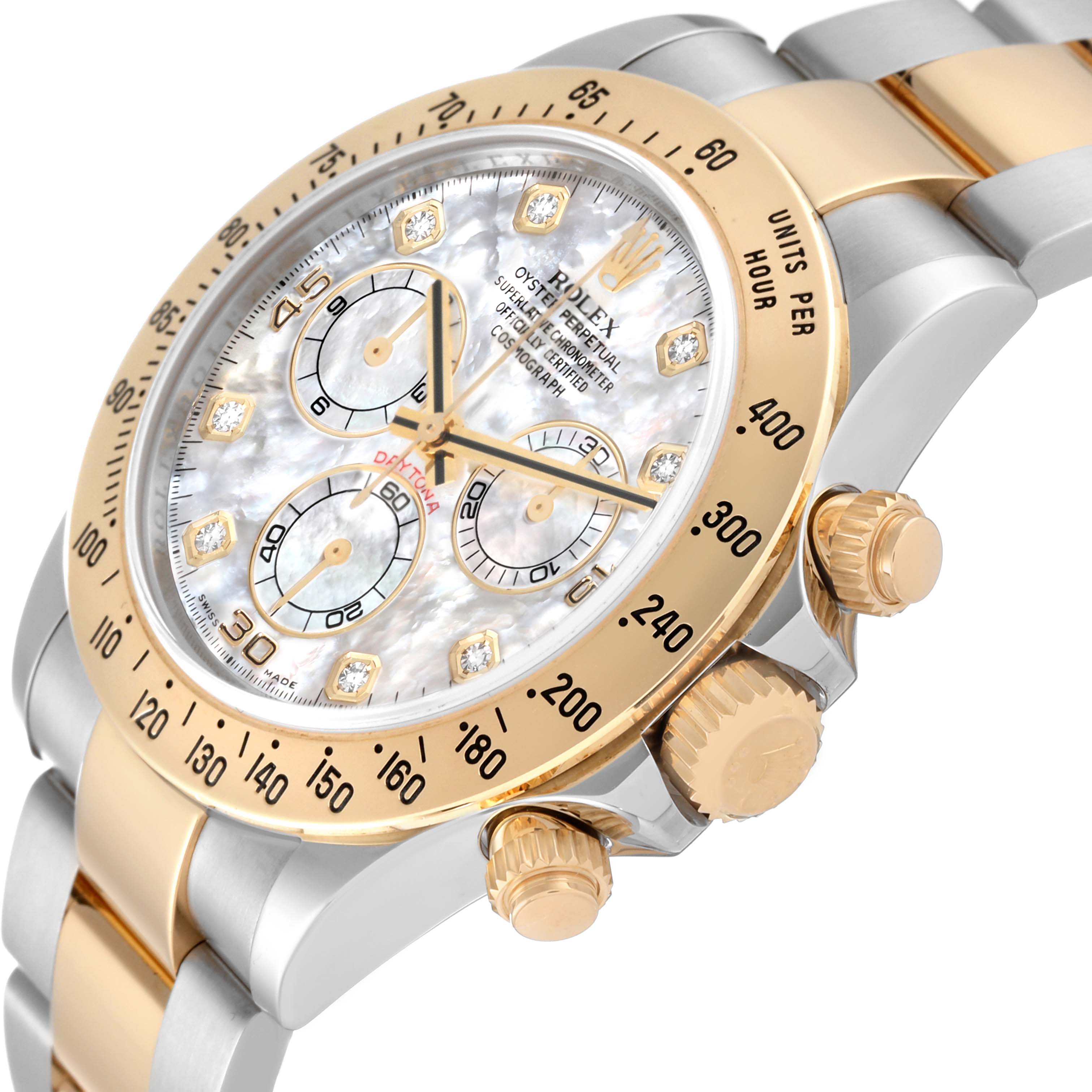 The image shows a close-up angle of a Rolex Daytona 116523 Men's Steel and Gold (two tone) Mother of Pearl Dial 116523 Men's Steel and Gold (two tone) Mother of Pearl Dial watch, highlighting the dial, bezel, and push buttons.