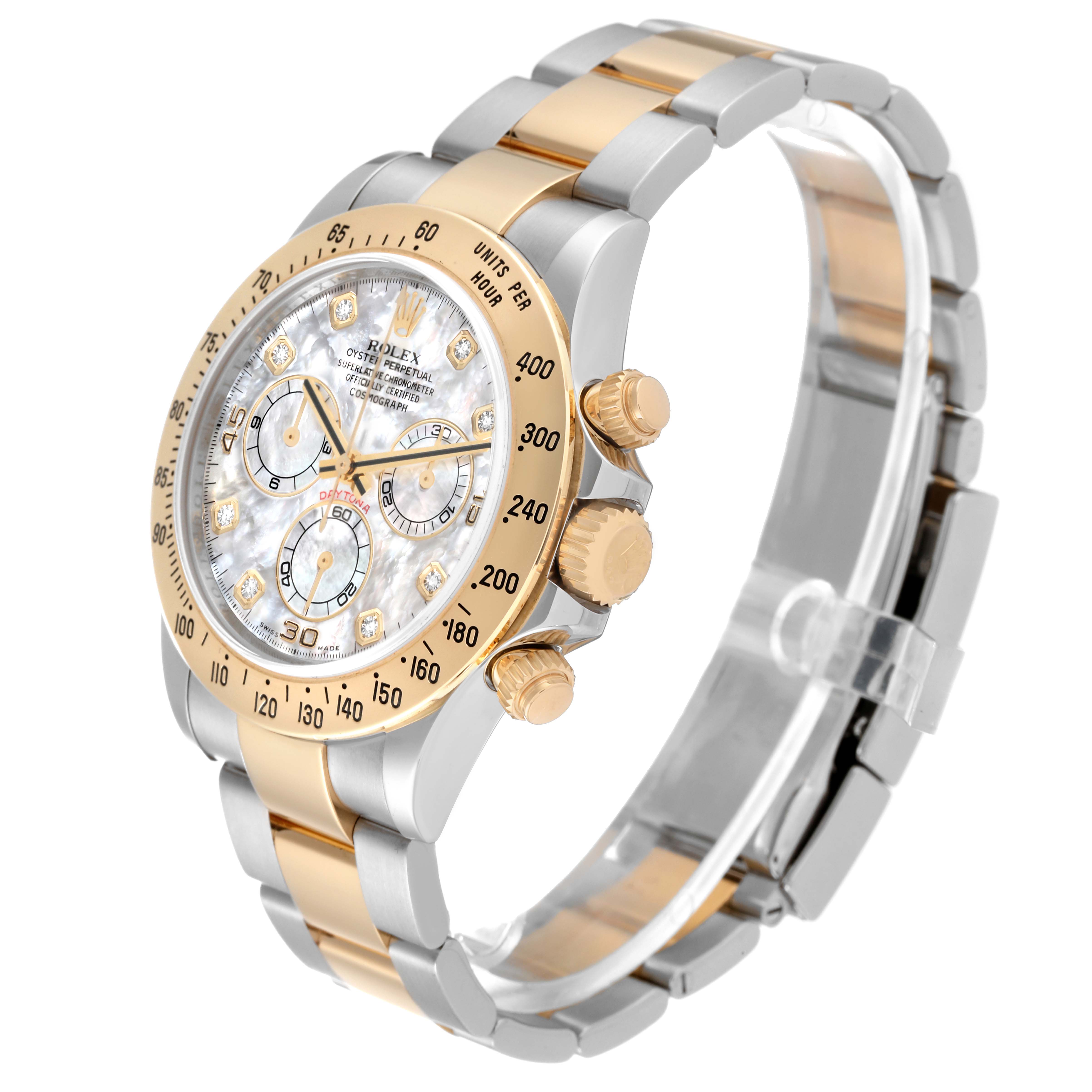 The image shows a side angle of a Rolex Daytona 116523 Men's Steel and Gold (two tone) Mother of Pearl Dial 116523 Men's Steel and Gold (two tone) Mother of Pearl Dial watch, featuring its bezel, crown, push buttons, and bracelet.