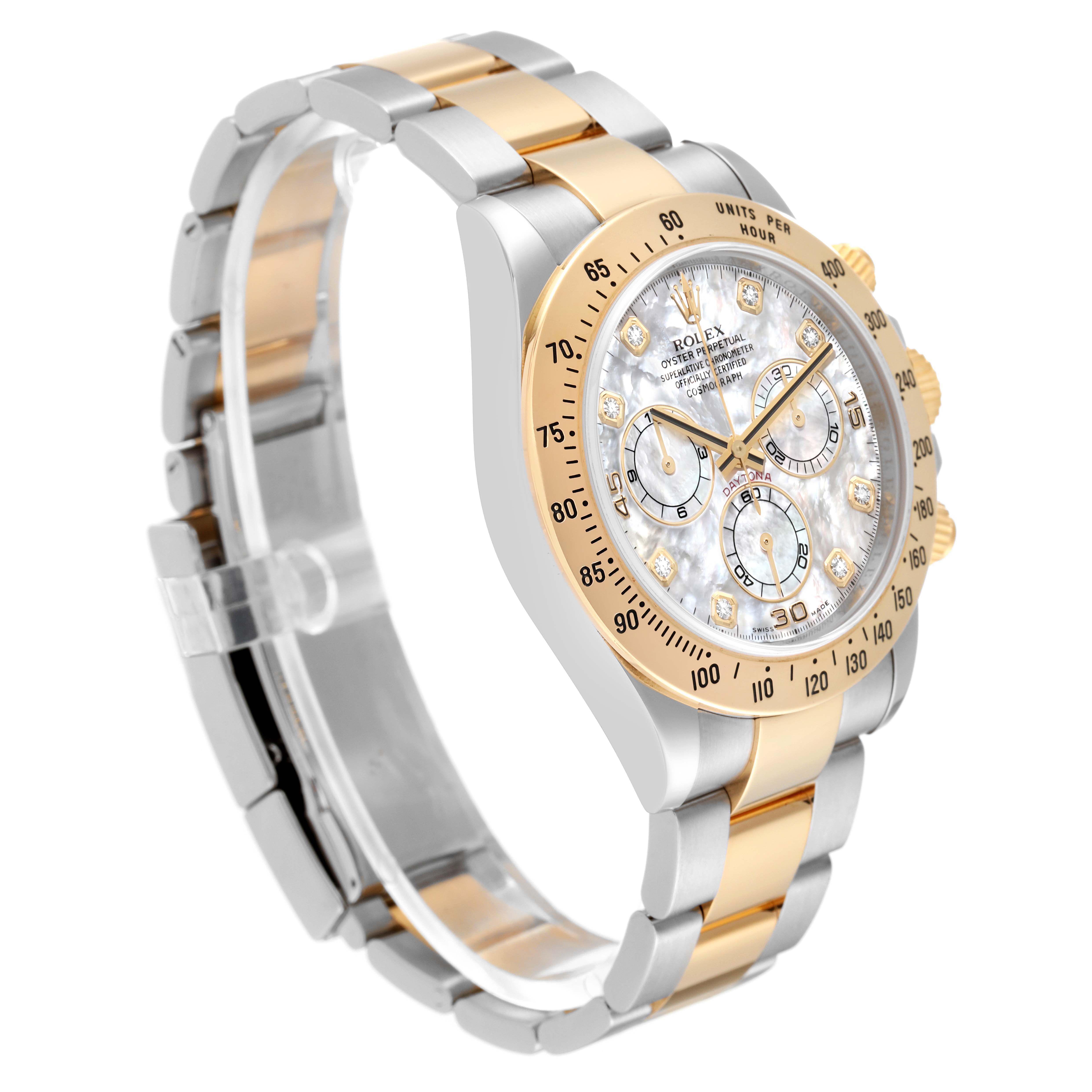 This image shows a Rolex Daytona 116523 Men's Steel and Gold (two tone) Mother of Pearl Dial 116523 Men's Steel and Gold (two tone) Mother of Pearl Dial watch at a slight angle, displaying the face, bezel, and two-tone bracelet.