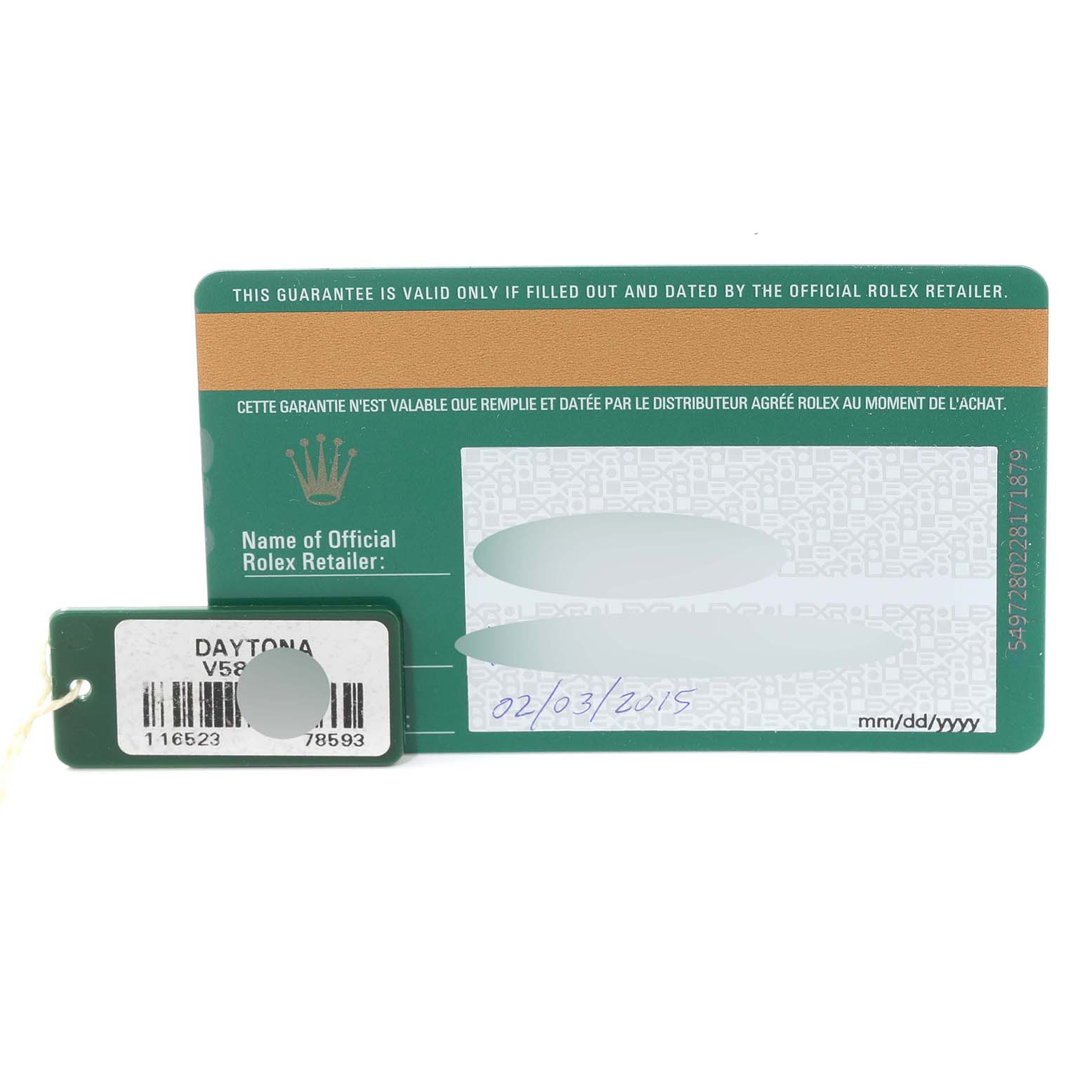 This image shows a warranty card and a tag for a Rolex Daytona 116523 Men's Steel and Gold (two tone) Mother of Pearl Dial 116523 Men's Steel and Gold (two tone) Mother of Pearl Dial watch.