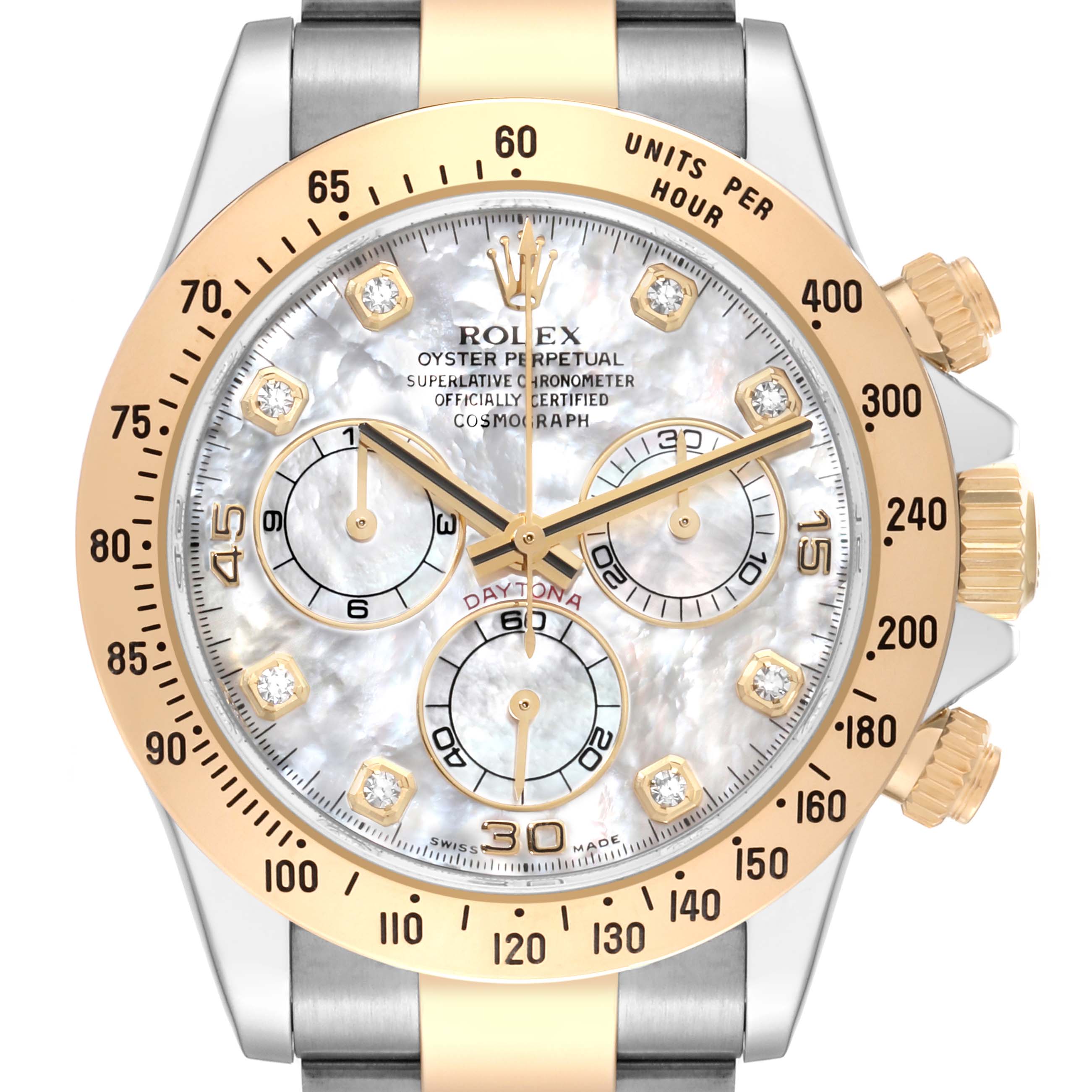 This image shows a Rolex Daytona 116523 Men's Steel and Gold (two tone) Mother of Pearl Dial 116523 Men's Steel and Gold (two tone) Mother of Pearl Dial watch from the front angle, displaying the face, bezel, crown, and half of the bracelet.
