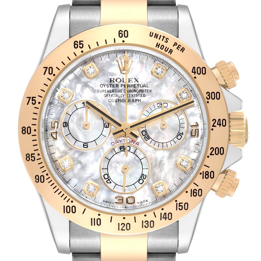 Rolex Daytona Yellow Gold Steel Mother of Pearl Diamond Mens Watch 116523 Box Card SwissWatchExpo