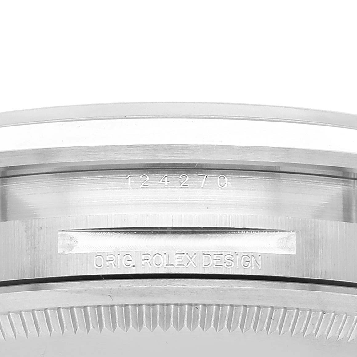 The image shows a close-up side view of the Rolex Explorer 124270 Men's Stainless Steel Black Dial watch case, highlighting the model number and design engraving.