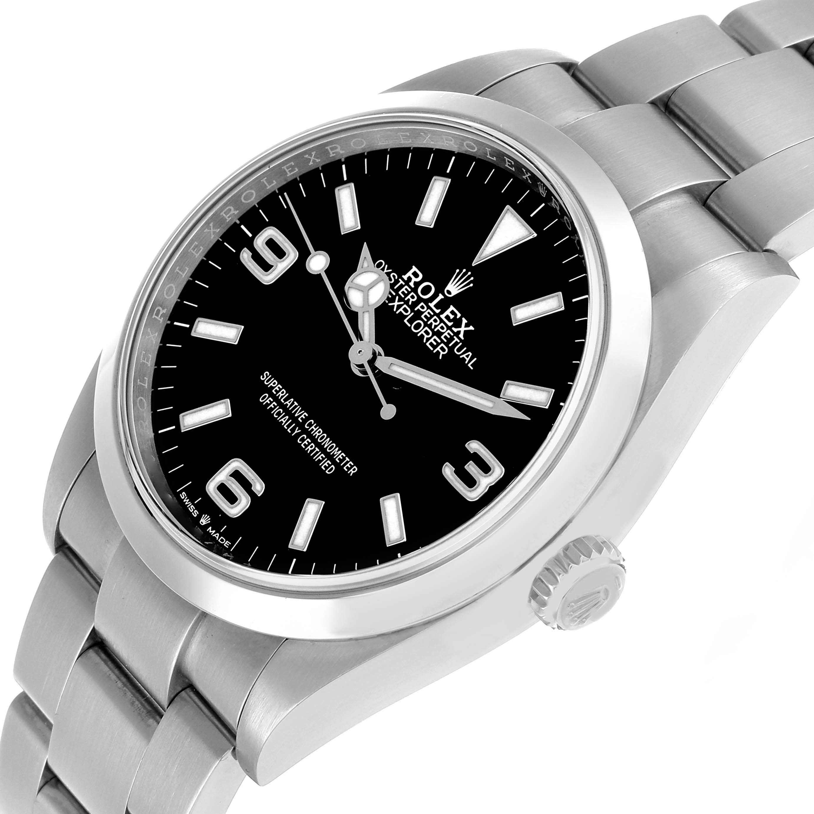 The Rolex Explorer 124270 Men's Stainless Steel Black Dial watch is shown at an angle highlighting the dial, bezel, crown, and bracelet.