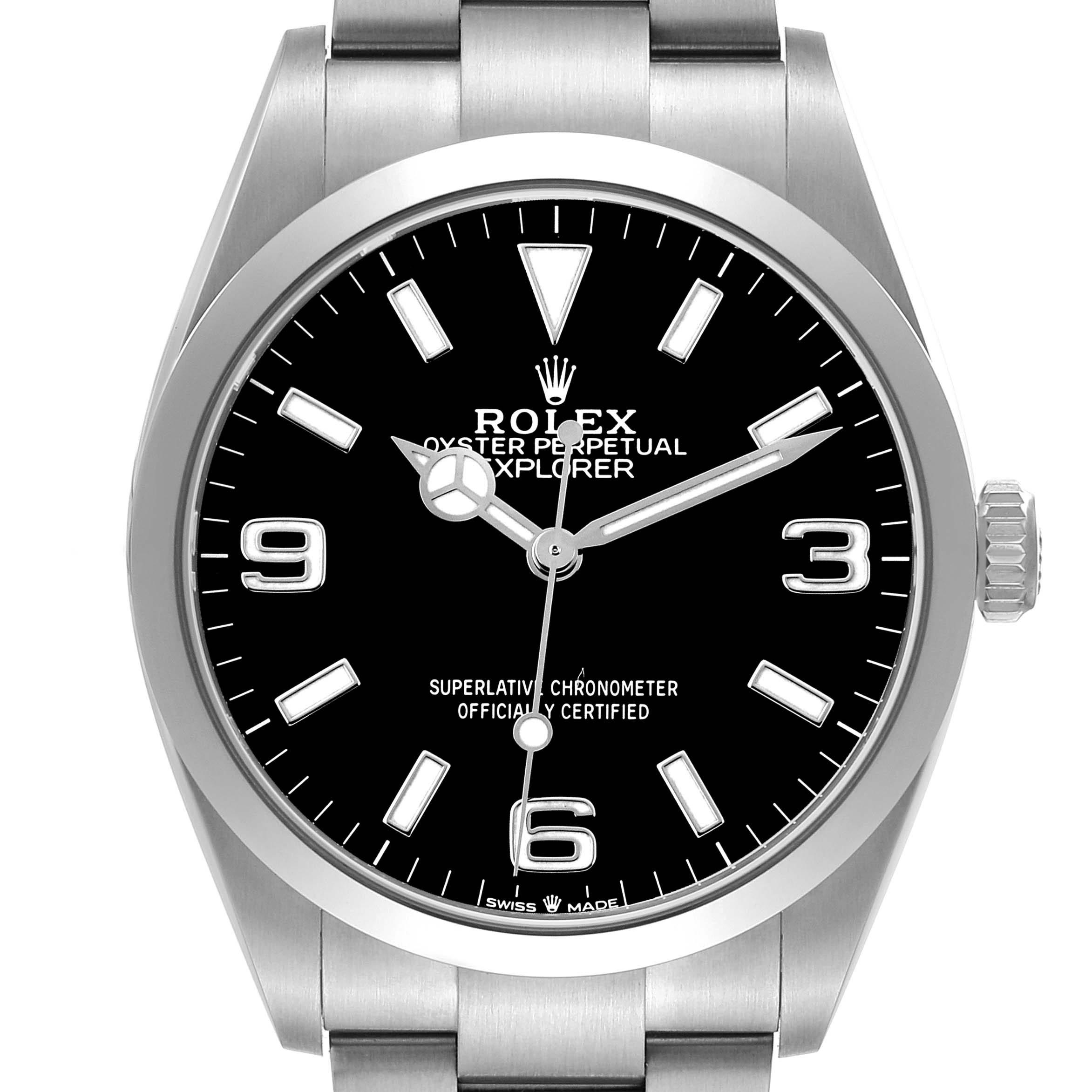 The Rolex Explorer 124270 Men's Stainless Steel Black Dial is shown from a front angle, highlighting the dial, bezel, hands, and part of the bracelet.
