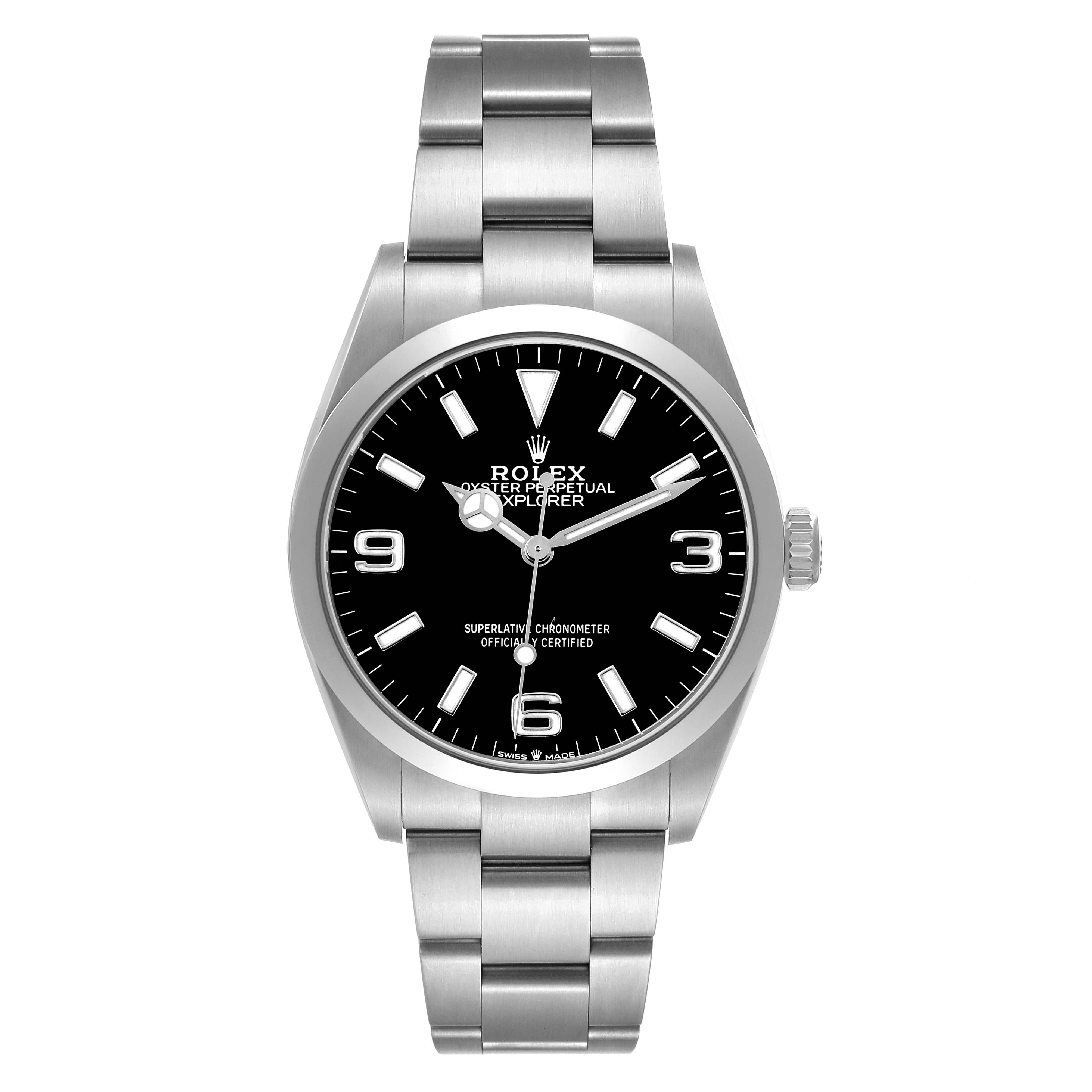 The Rolex Explorer 124270 Men's Stainless Steel Black Dial watch is shown from a top-down angle highlighting the dial, bezel, crown, and full bracelet.