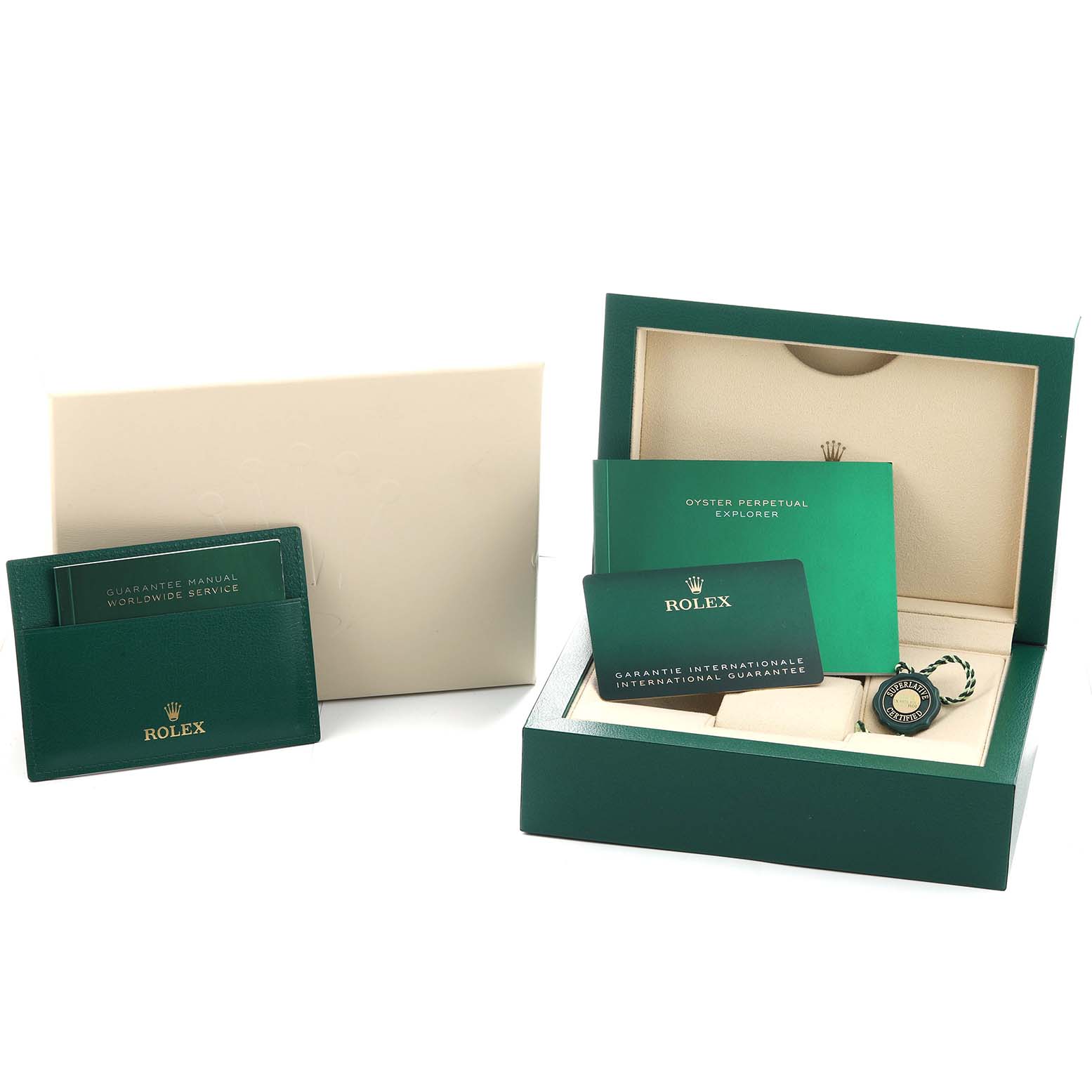 The image shows the packaging and documentation of a Rolex Explorer 124270 Men's Stainless Steel Black Dial watch, including a box, guarantee card, and manual.