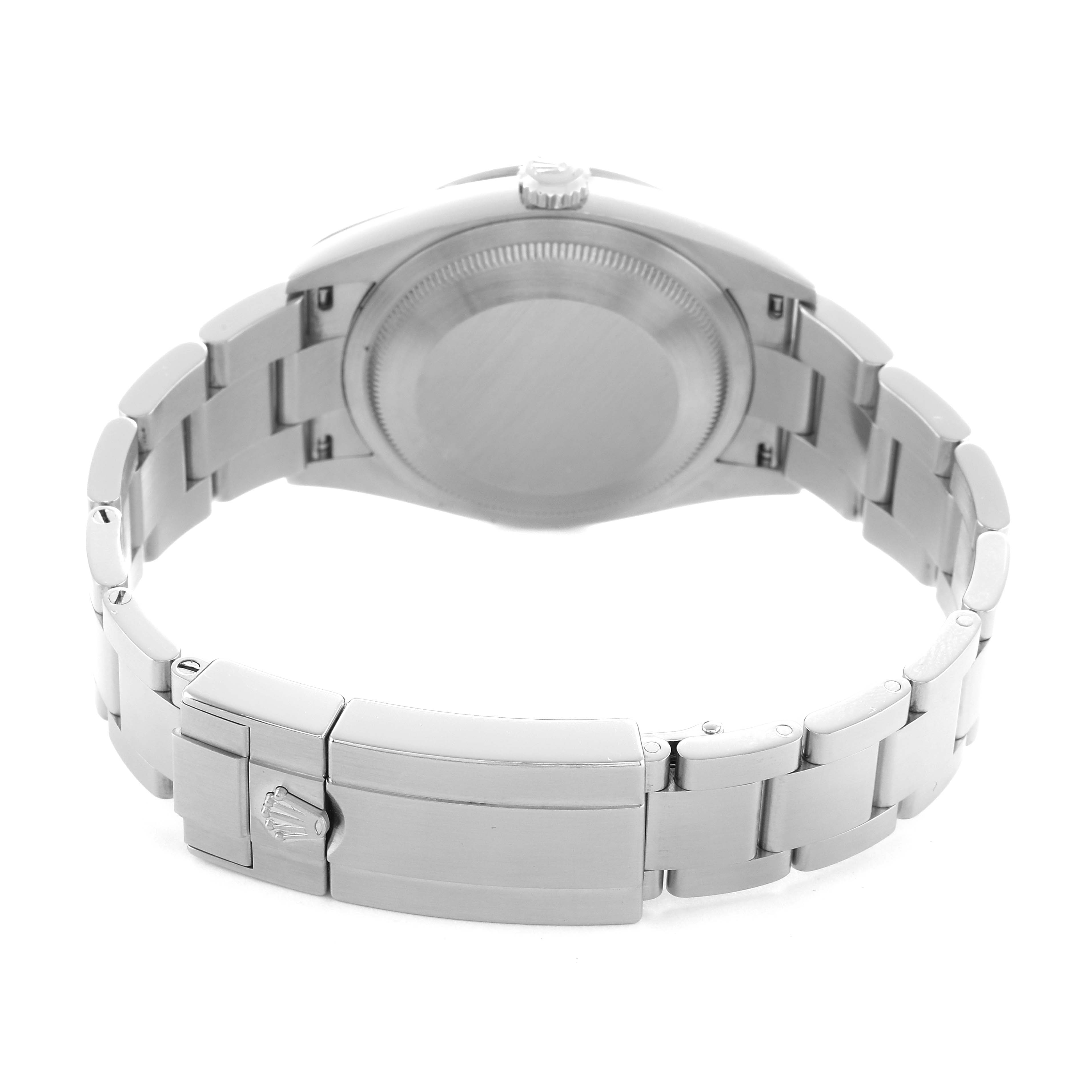 The image shows the back and clasp of a Rolex Explorer 124270 Men's Stainless Steel Black Dial watch, displaying its bracelet and caseback detail.