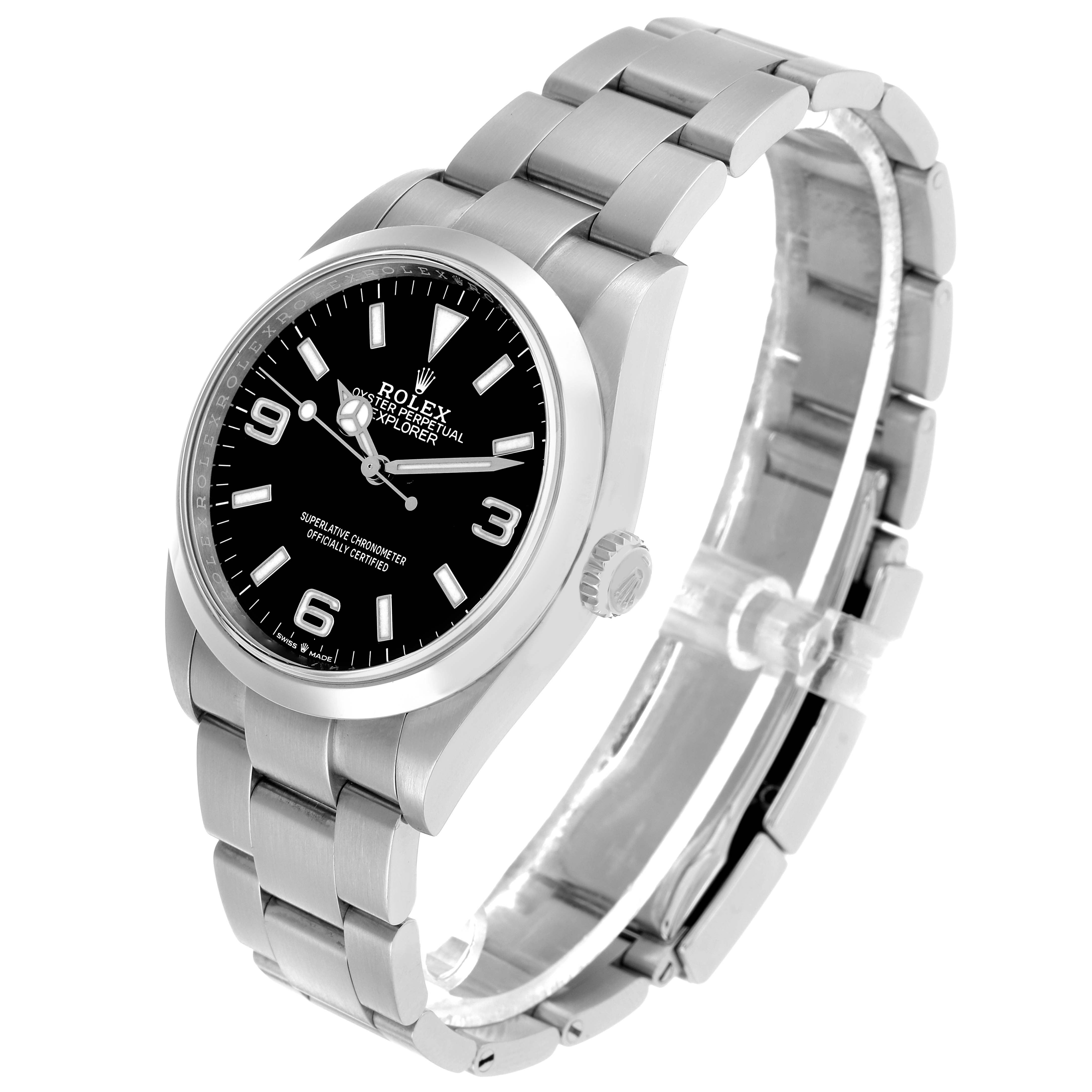 The Rolex Explorer 124270 Men's Stainless Steel Black Dial watch is shown from an angled perspective, highlighting the face, bezel, bracelet, and crown.