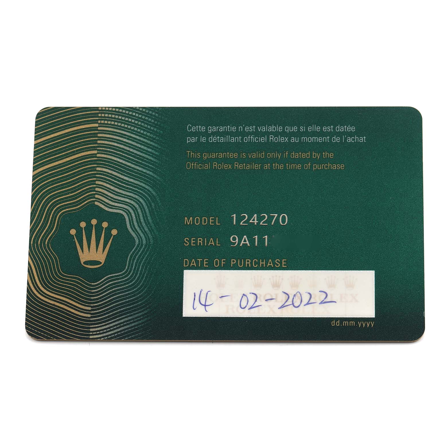 The image shows a warranty card for the Rolex Explorer 124270 Men's Stainless Steel Black Dial model 124270, displaying model, serial number, and purchase date.