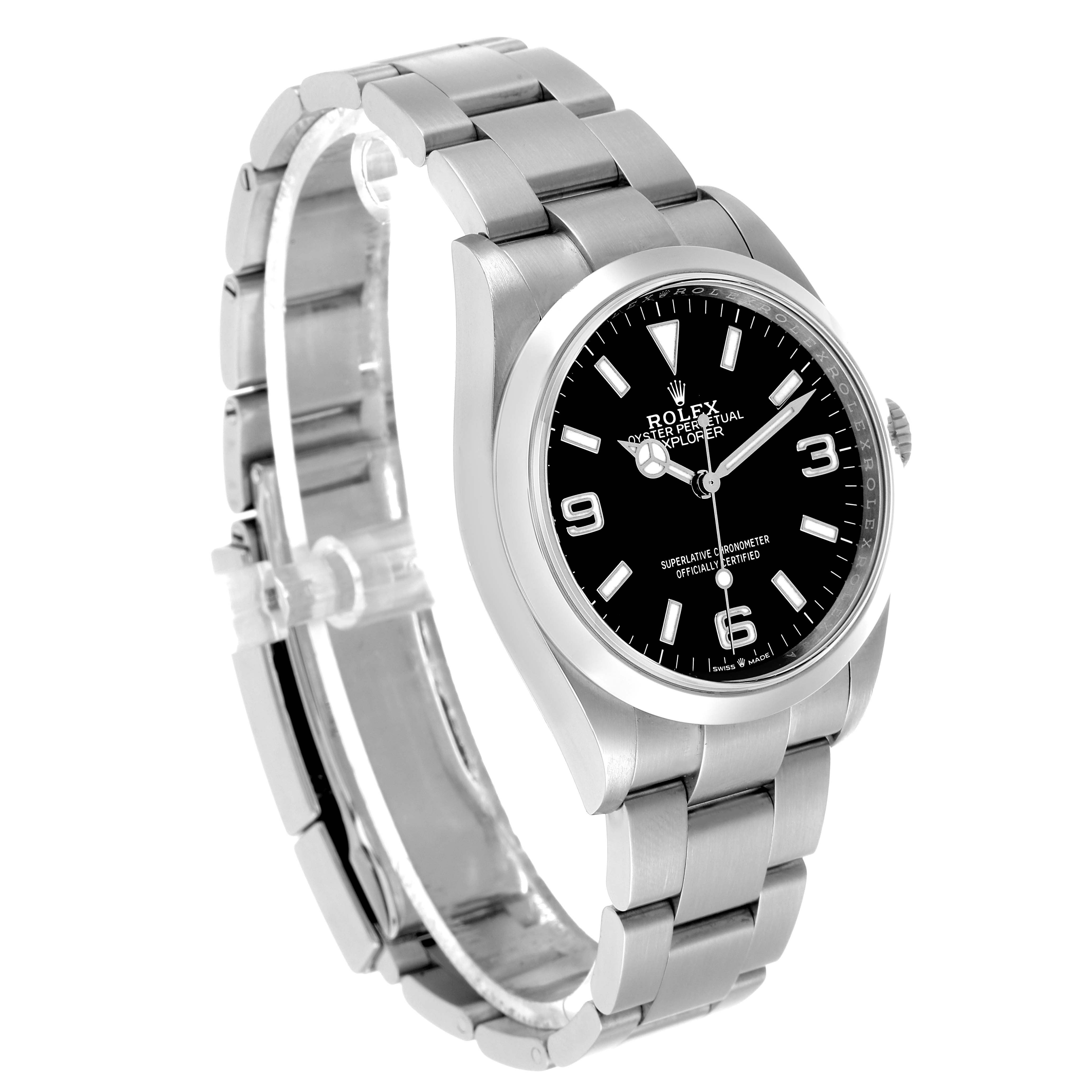 The Rolex Explorer 124270 Men's Stainless Steel Black Dial is shown at an angled view highlighting the black dial, bezel, and stainless steel bracelet.