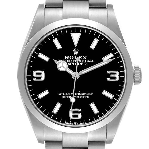 The Rolex Explorer 124270 Men's Stainless Steel Black Dial watch is shown from a front angle, highlighting the dial, bezel, crown, and part of the bracelet.