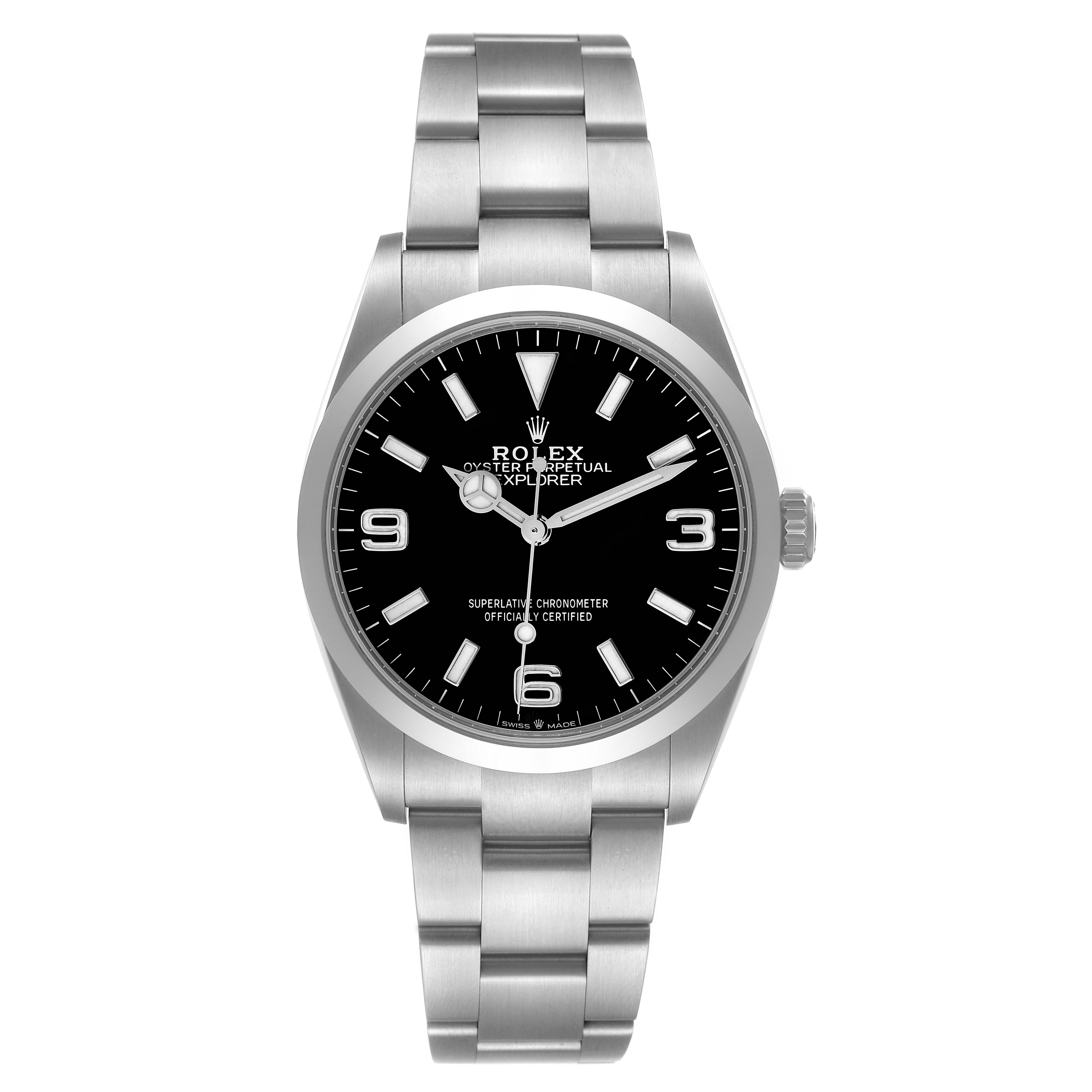 The image shows a front view of the Rolex Explorer 124270 Men
s Stainless Steel Black Dial 124270 Men
s Stainless Steel Black Dial model, highlighting its face, bezel, crown, and bracelet.