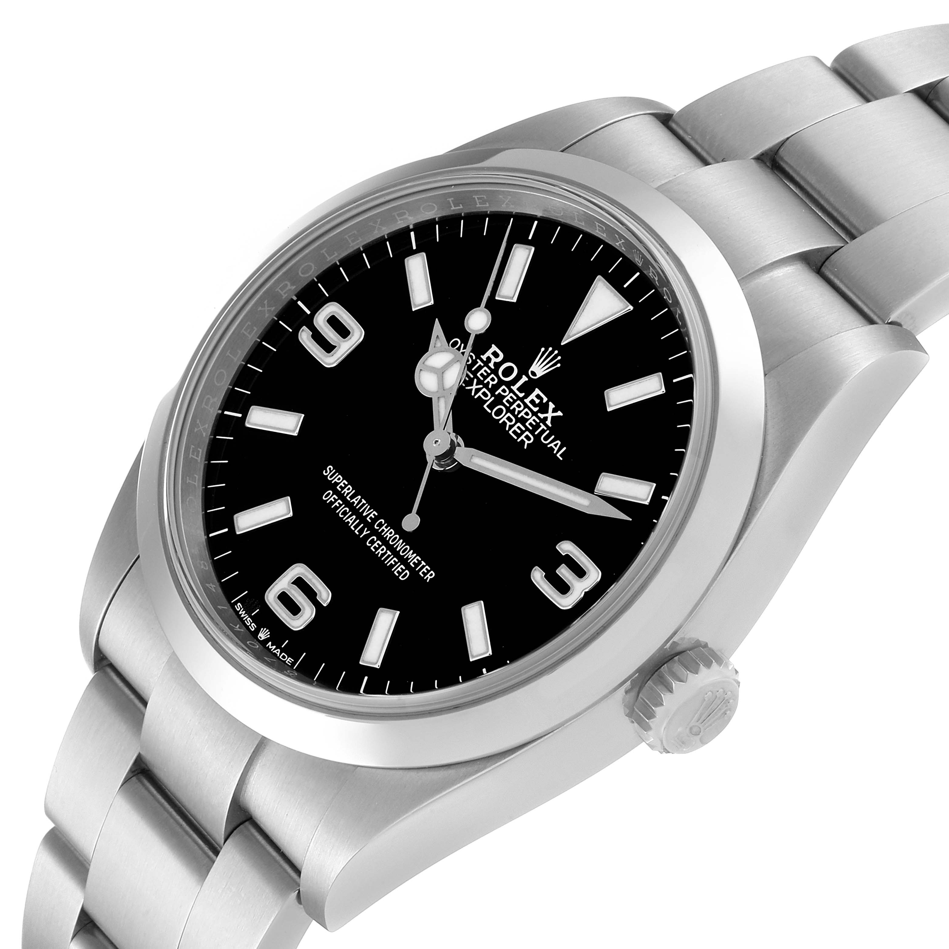 The image shows an angled view of a Rolex Explorer 124270 Men
s Stainless Steel Black Dial 124270 Men
s Stainless Steel Black Dial watch, displaying its dial, bezel, crown, and part of the bracelet.