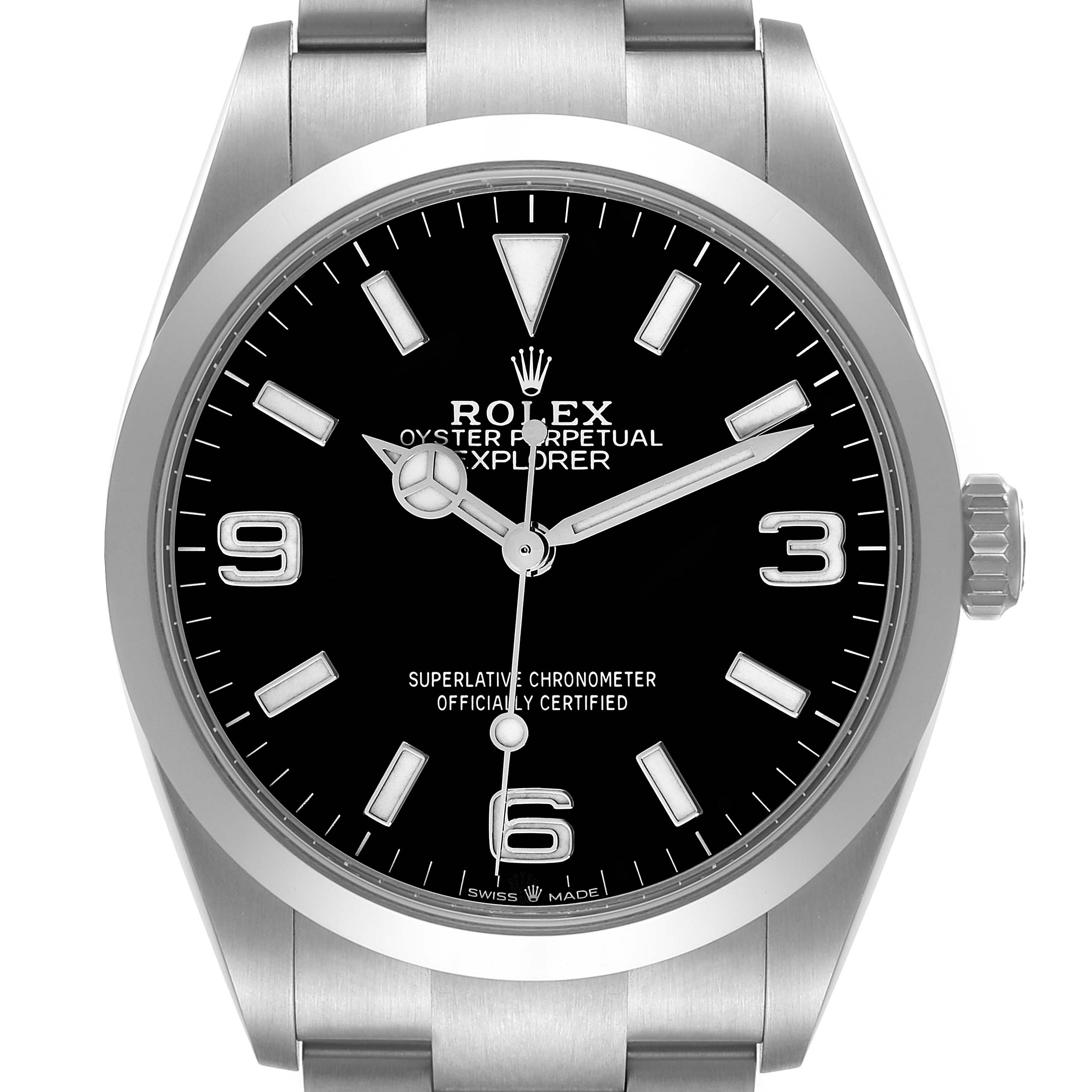 This Rolex Explorer 124270 Men
s Stainless Steel Black Dial 124270 Men
s Stainless Steel Black Dial watch is shown from a front angle, displaying its black dial, hour markers, hands, and partially the bracelet.