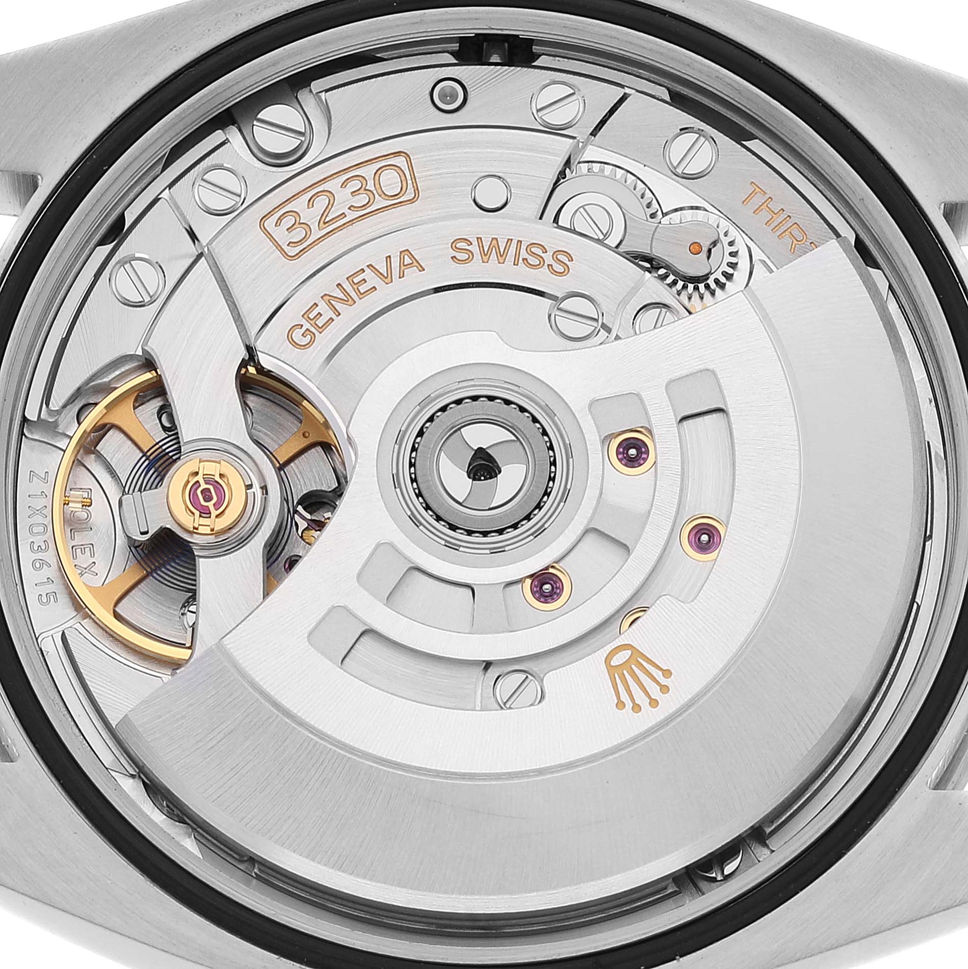 This is a close-up view of the movement mechanism from the back of a Rolex Explorer 124270 Men
s Stainless Steel Black Dial 124270 Men
s Stainless Steel Black Dial watch.