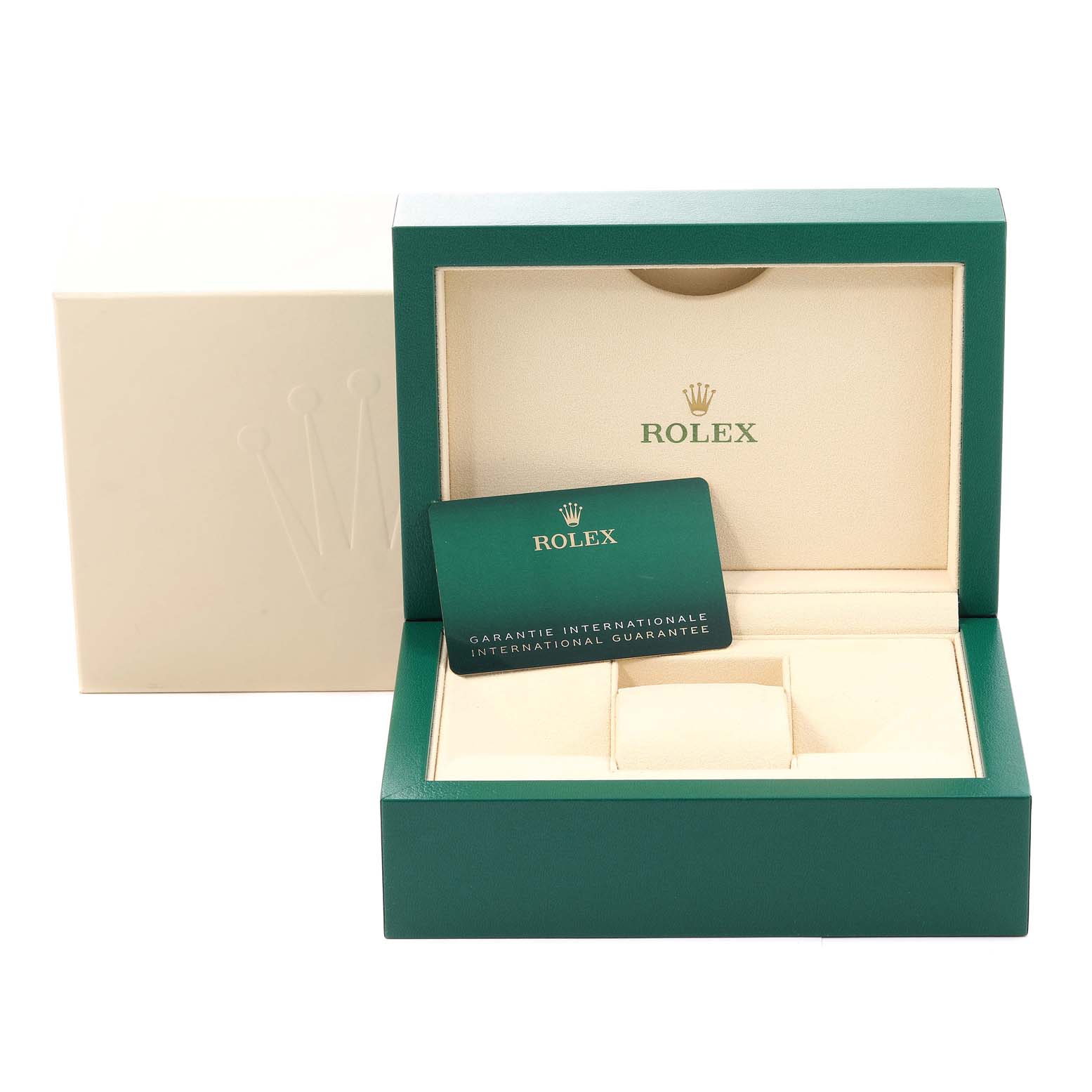 The image shows an open green Rolex box for the Explorer model with an international guarantee card inside.