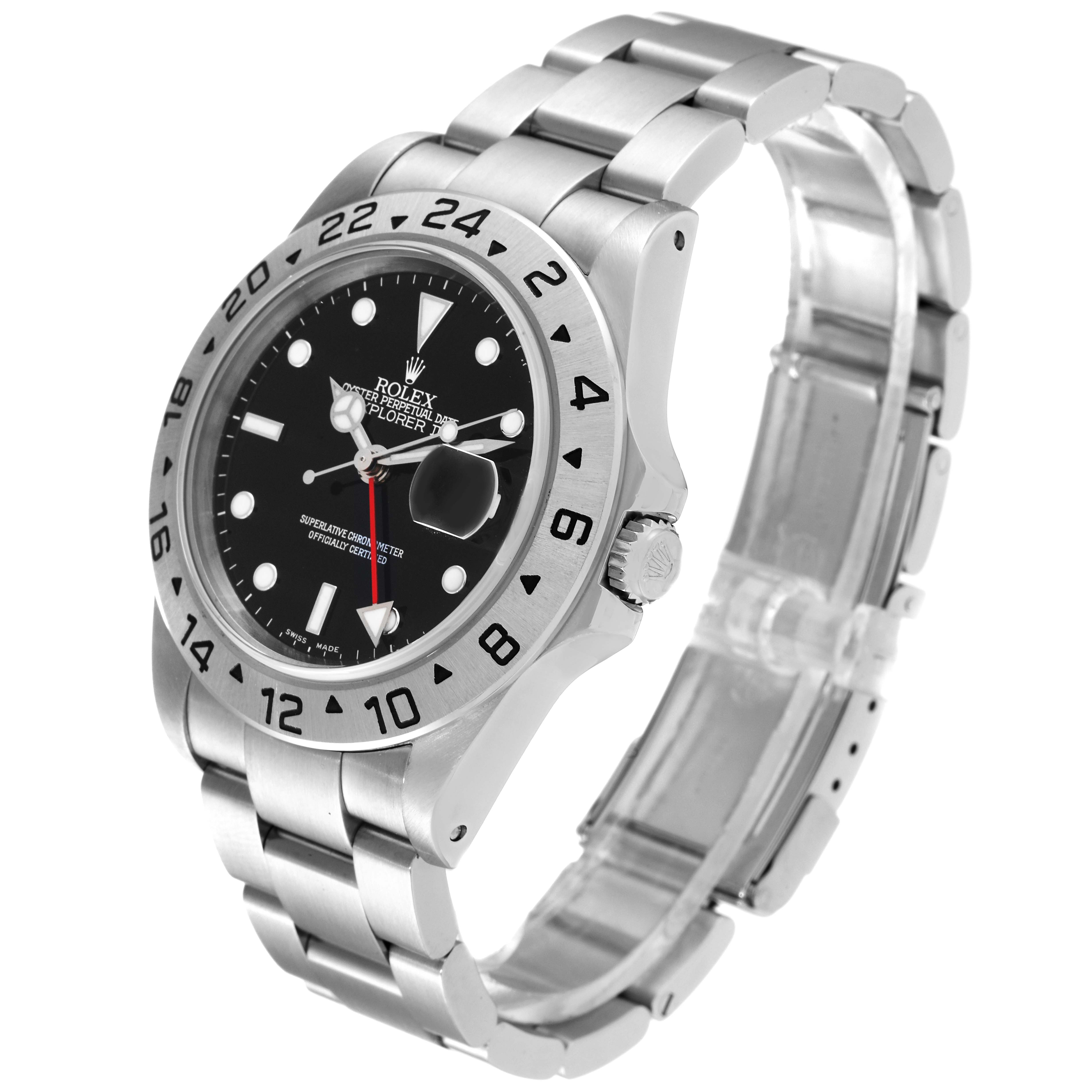 The image shows a Rolex Explorer 16570 Men
s Stainless Steel Black Dial 16570 Men
s Stainless Steel Black Dial watch at a side angle, highlighting the face, bezel, crown, and bracelet.