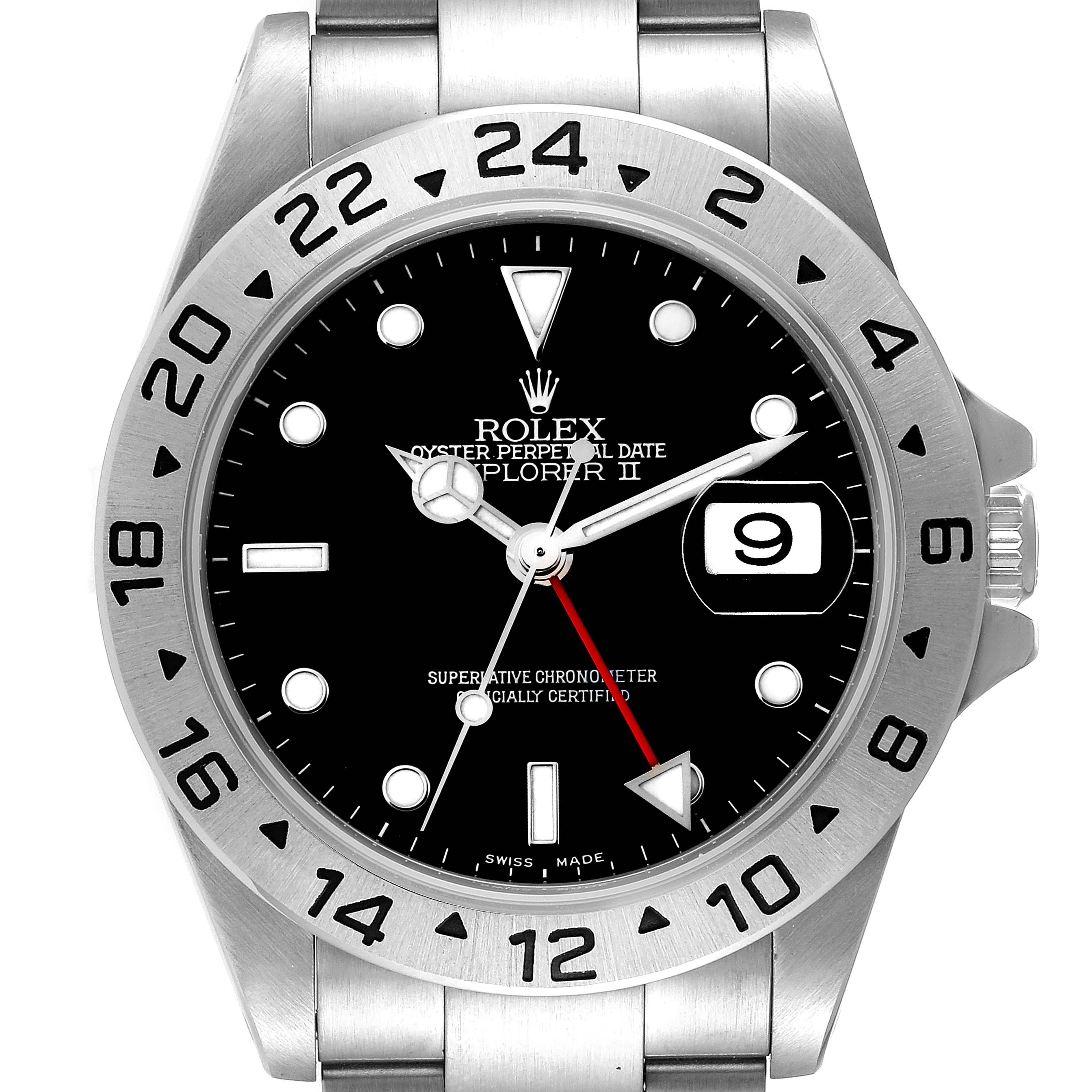 This image shows a front view of a Rolex Explorer 16570 Men
s Stainless Steel Black Dial 16570 Men
s Stainless Steel Black Dial watch, highlighting the face, bezel, date display, and part of the bracelet.
