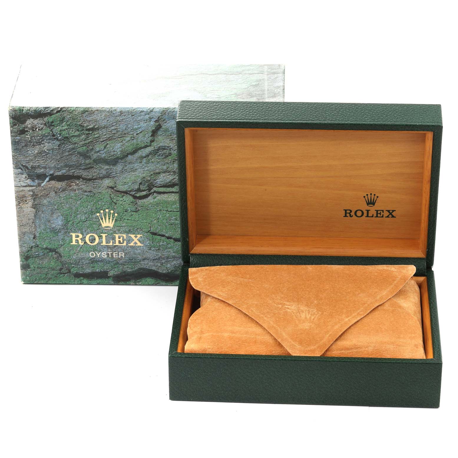 The image shows the box and packaging for the Rolex Explorer 16570 Men
s Stainless Steel Black Dial 16570 Men
s Stainless Steel Black Dial, featuring its outer box, inner green case, and velvet pouch.