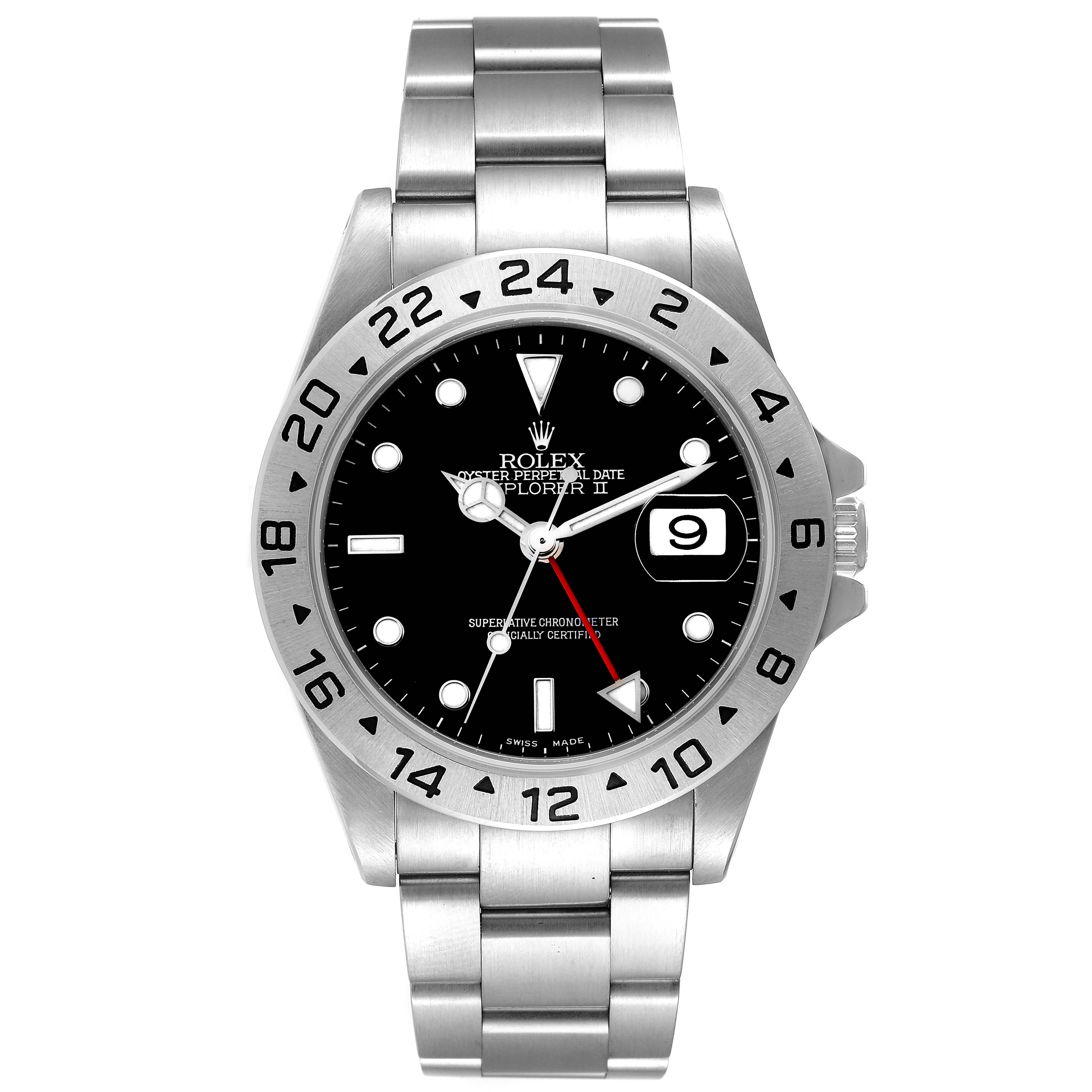 This Rolex Explorer 16570 Men
s Stainless Steel Black Dial 16570 Men
s Stainless Steel Black Dial watch is shown from the front, displaying its dial, bezel, and part of the bracelet.