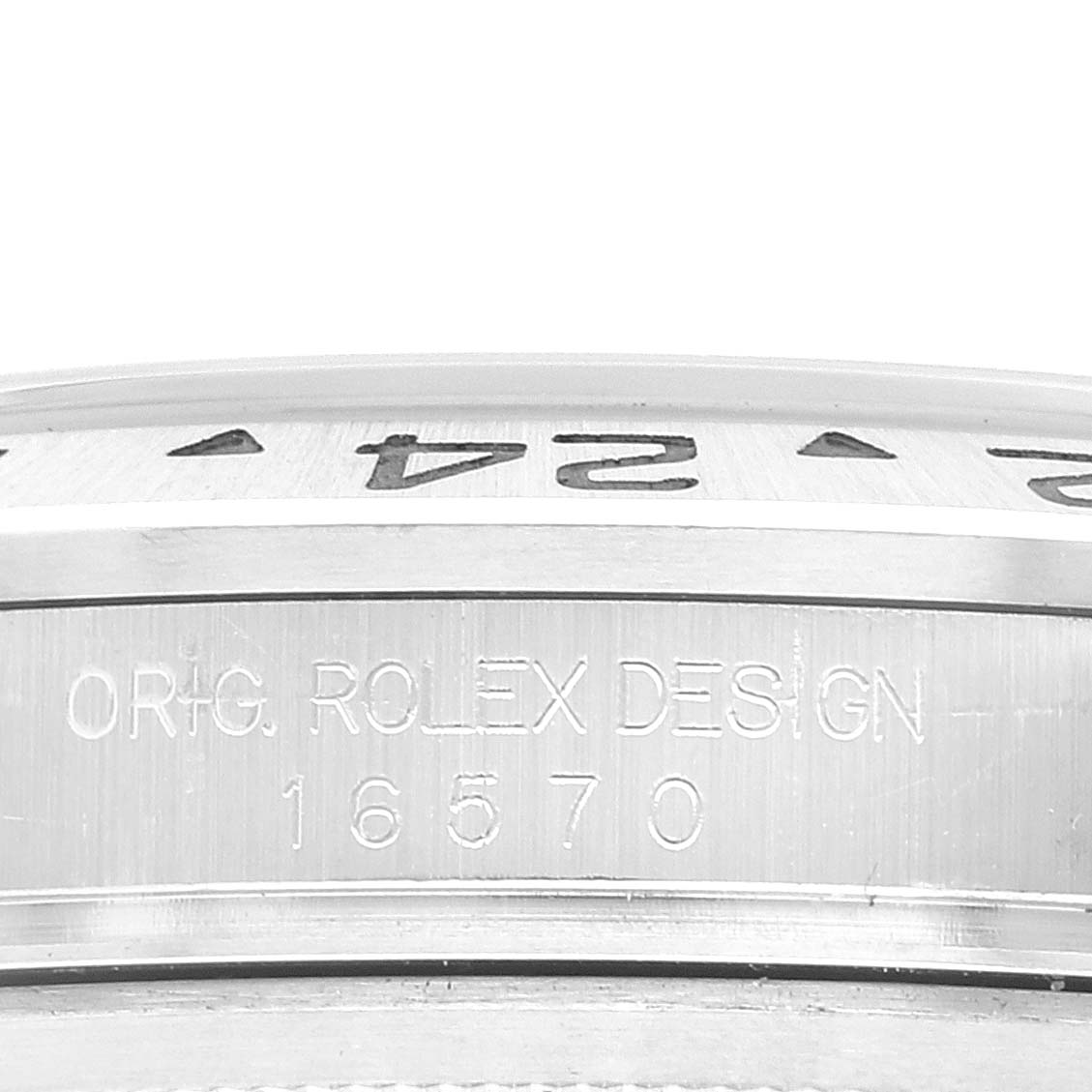 This image shows a close-up of the bezel and case side of a Rolex Explorer 16570 Men
s Stainless Steel Black Dial 16570 Men
s Stainless Steel Black Dial model 16570.