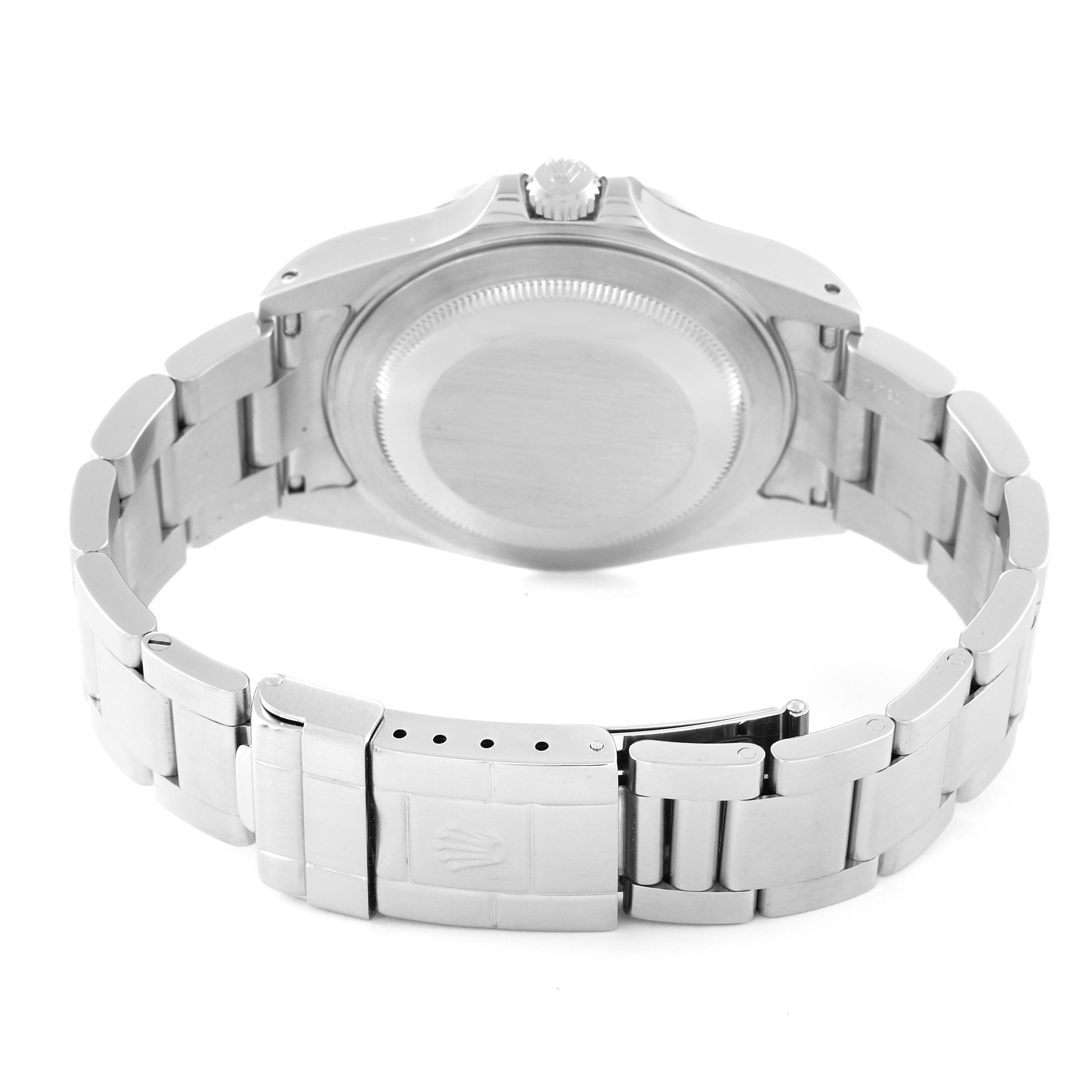 The image shows the back view of the Rolex Explorer 16570 Men
s Stainless Steel Black Dial 16570 Men
s Stainless Steel Black Dial watch, highlighting its case back and metal bracelet.