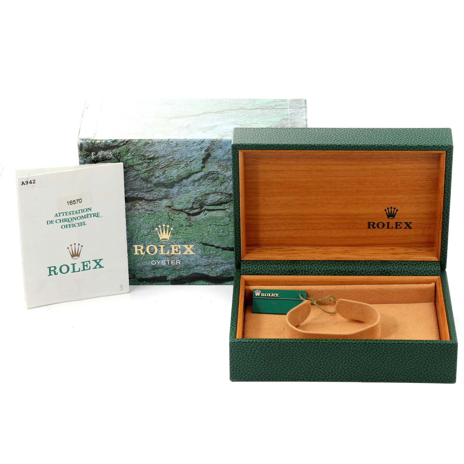 The image shows a Rolex Explorer 16570 Men
s Stainless Steel Black Dial 16570 Men
s Stainless Steel Black Dial watch box, Best Quality
ity booklet, and outer packaging at a straight-on angle.