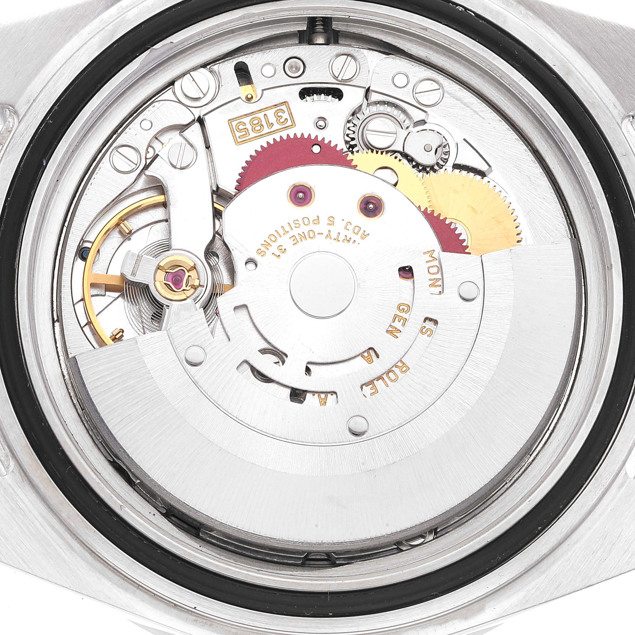 The image shows the internal mechanical movement of a Rolex Explorer 16570 Men
s Stainless Steel Black Dial 16570 Men
s Stainless Steel Black Dial watch, viewed from the back.