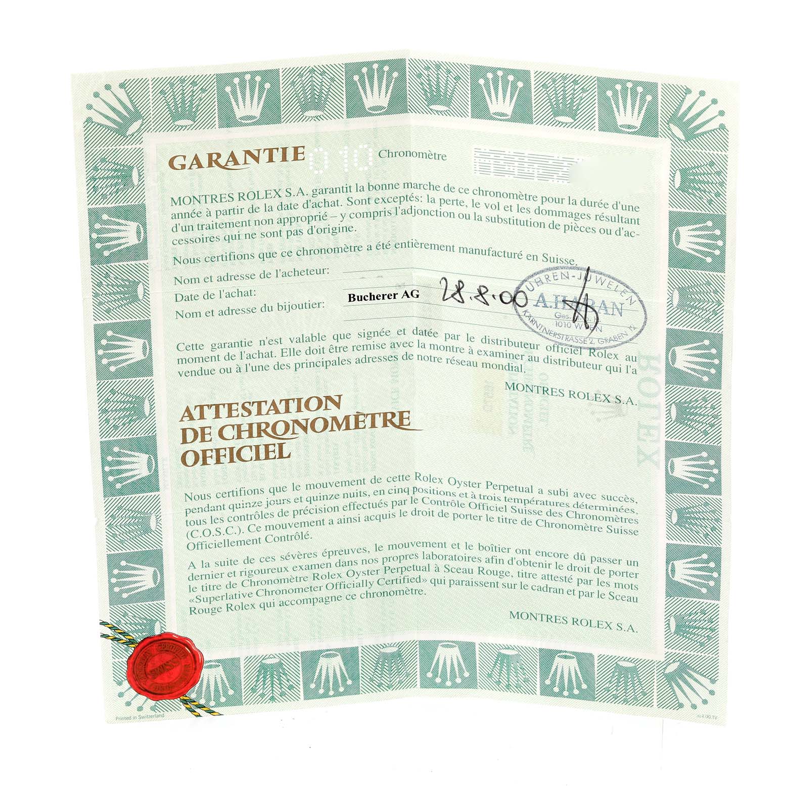 The image shows an angle of the warranty certificate for a Rolex Explorer 16570 Men
s Stainless Steel Black Dial 16570 Men
s Stainless Steel Black Dial watch.