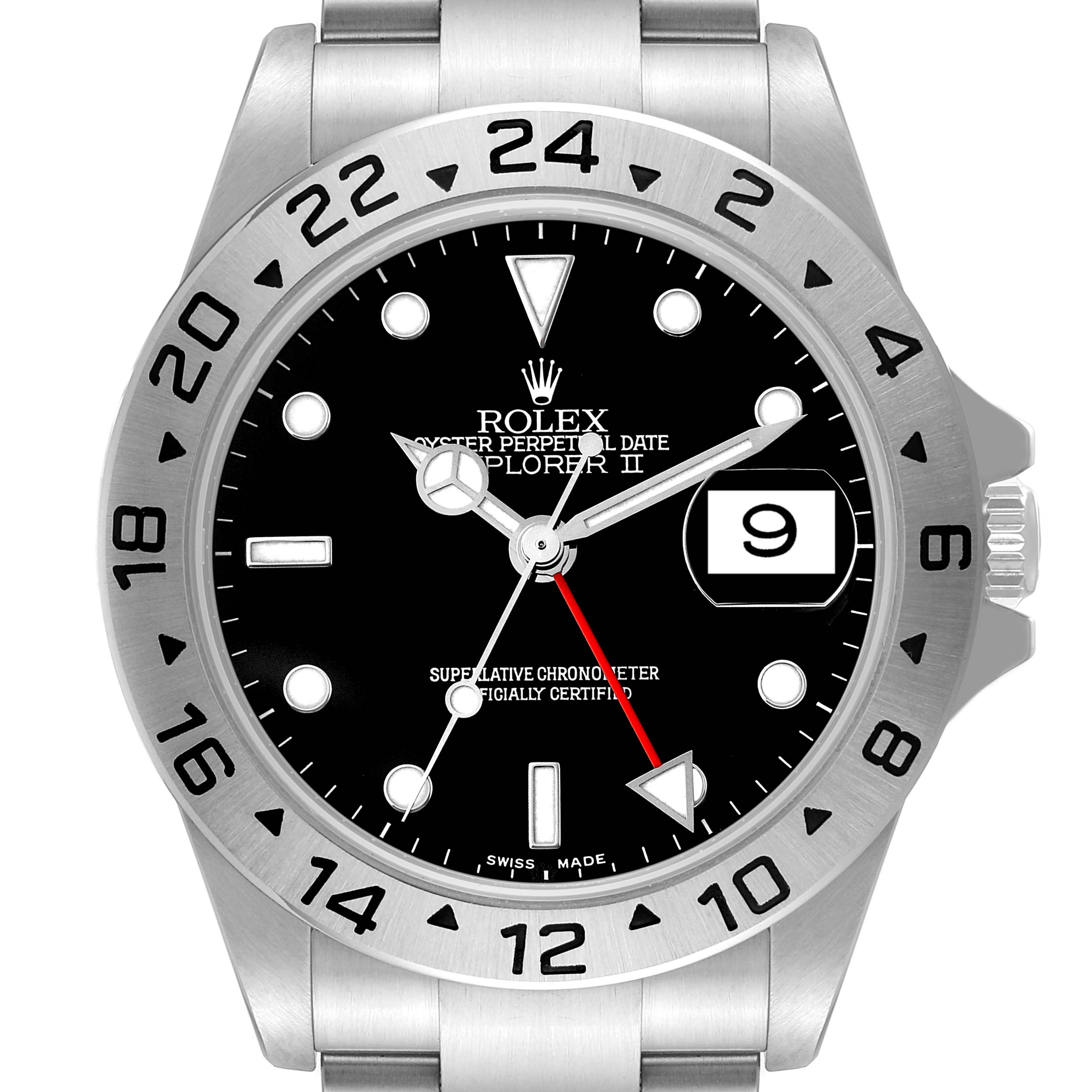 The image shows a front view of the Rolex Explorer 16570T Men
s Stainless Steel Black Dial 16570T Men
s Stainless Steel Black Dial watch, displaying its dial, bezel, hands, and date window.