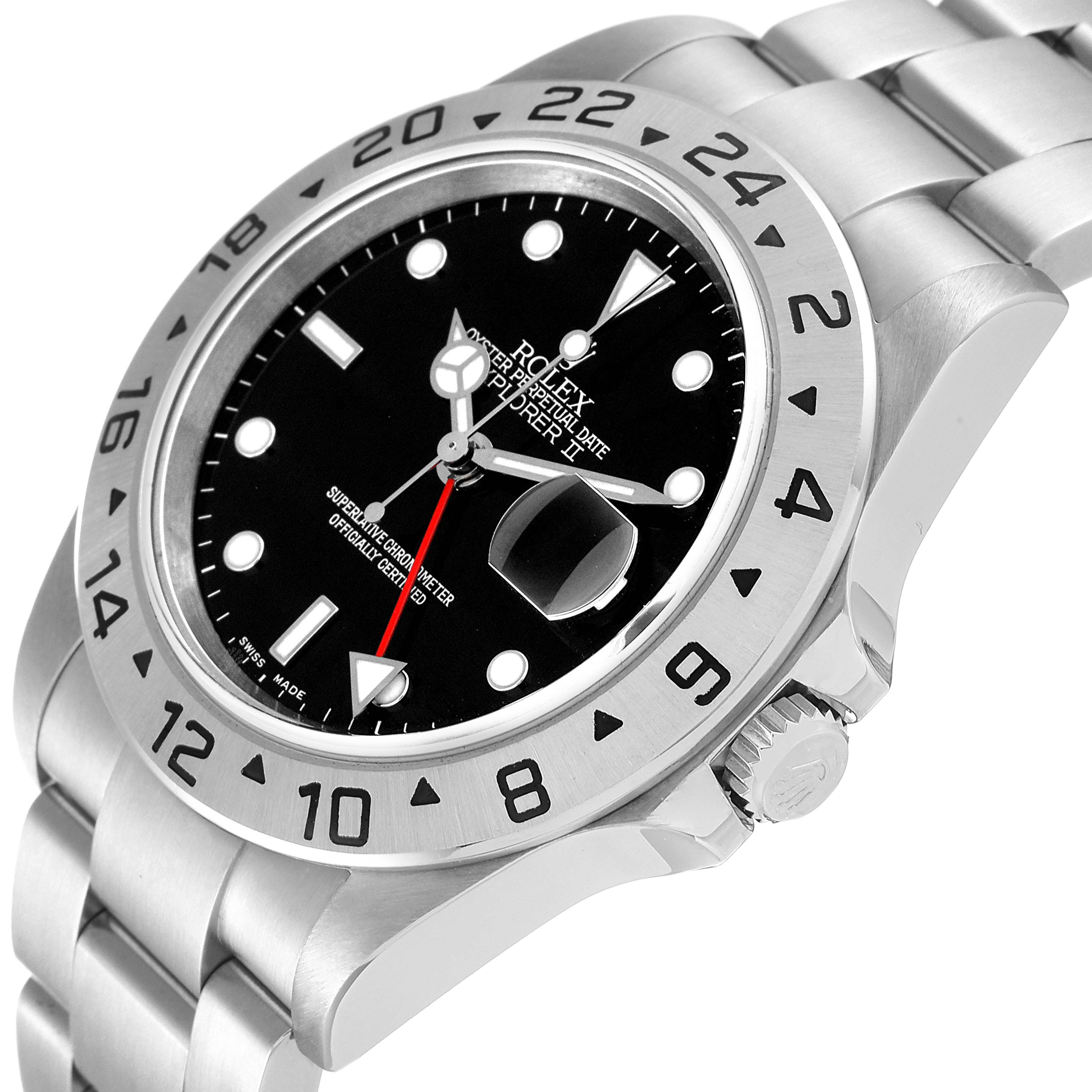 The image shows a close-up side angle of the Rolex Explorer 16570T Men
s Stainless Steel Black Dial 16570T Men
s Stainless Steel Black Dial model, displaying the dial, bezel, crown, and part of the bracelet.