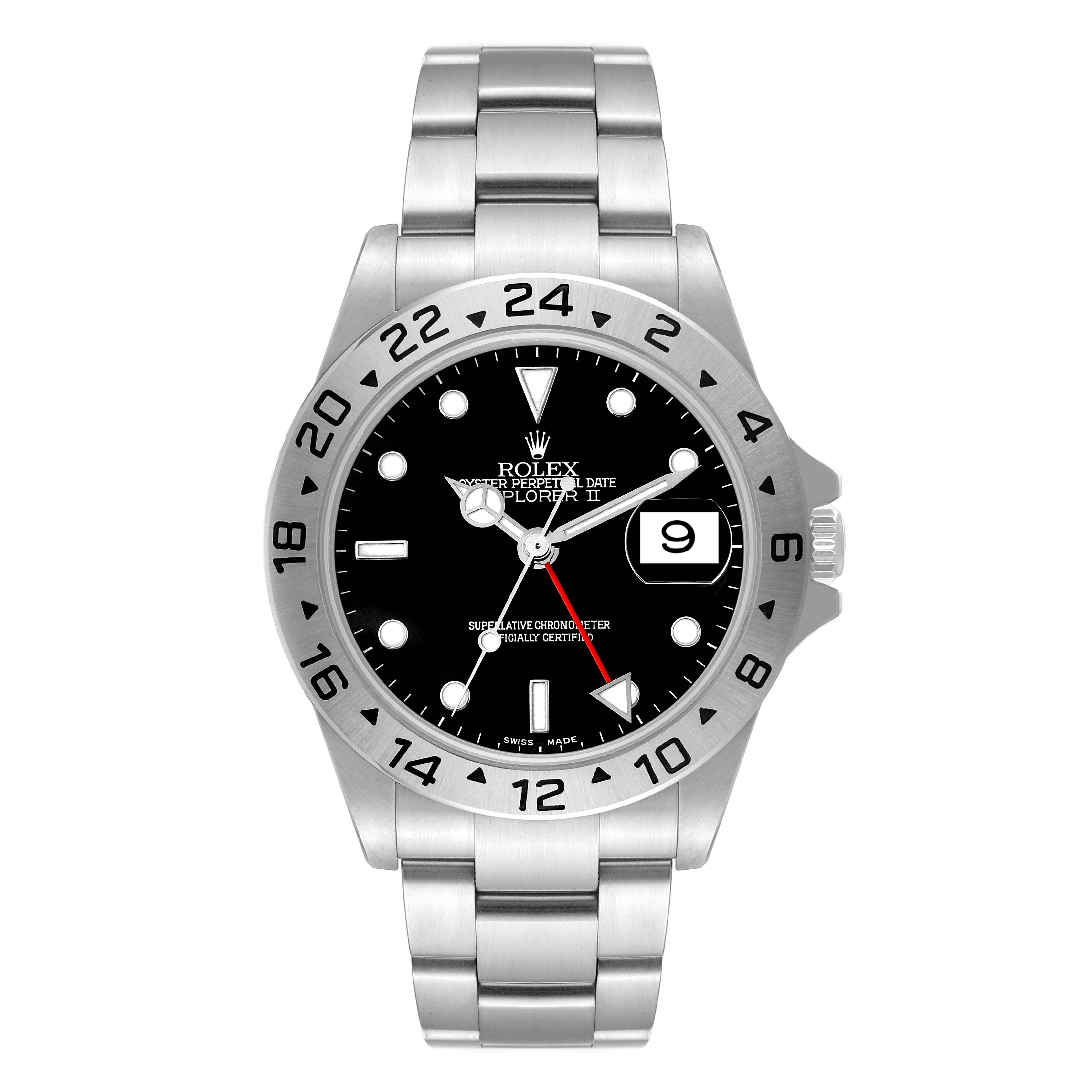 The image shows a front view of a Rolex Explorer 16570T Men
s Stainless Steel Black Dial 16570T Men
s Stainless Steel Black Dial model watch, displaying the dial, bracelet, bezel, and crown.
