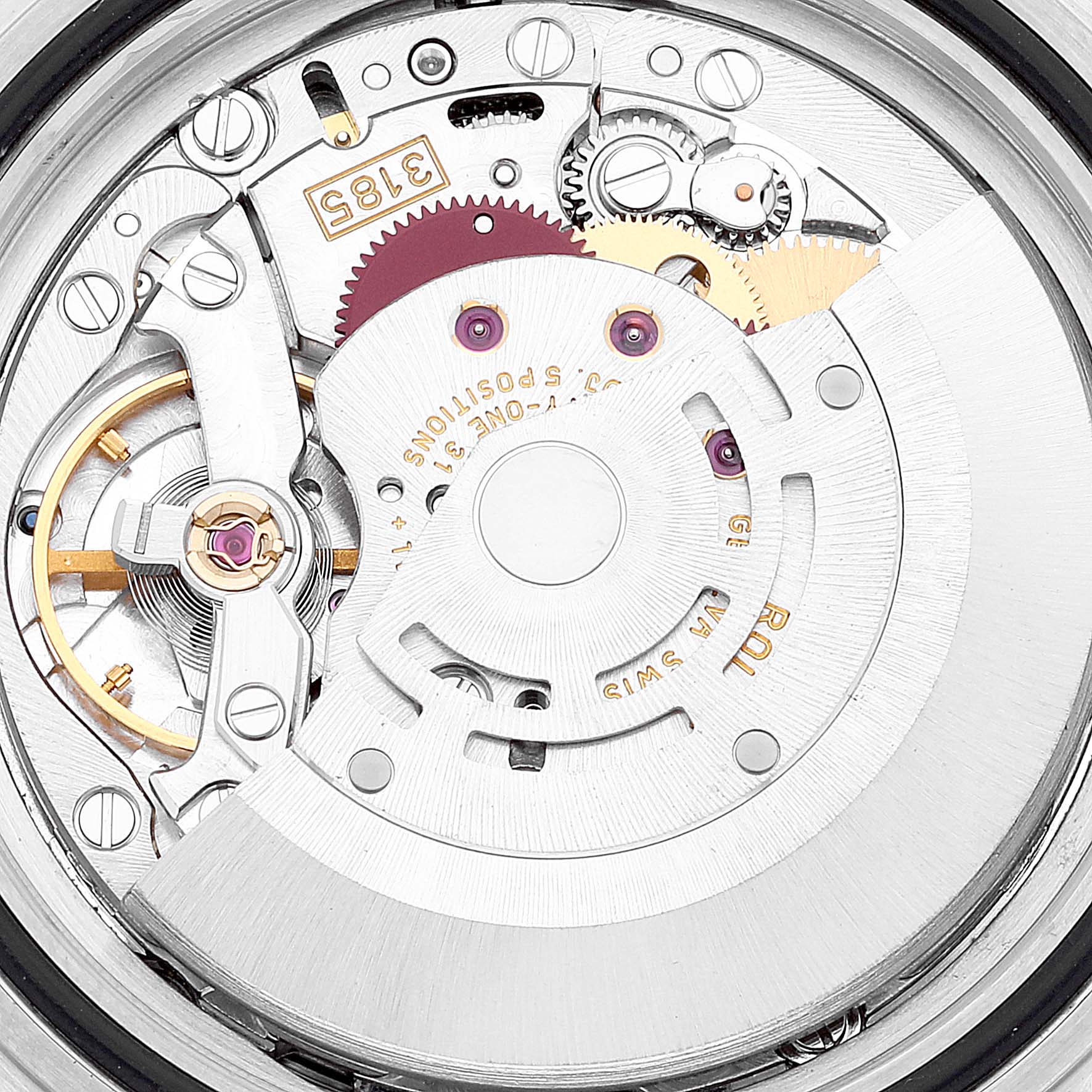This image shows the movement mechanism of a Rolex Explorer 16570T Men
s Stainless Steel Black Dial 16570T Men
s Stainless Steel Black Dial watch, seen from the back.