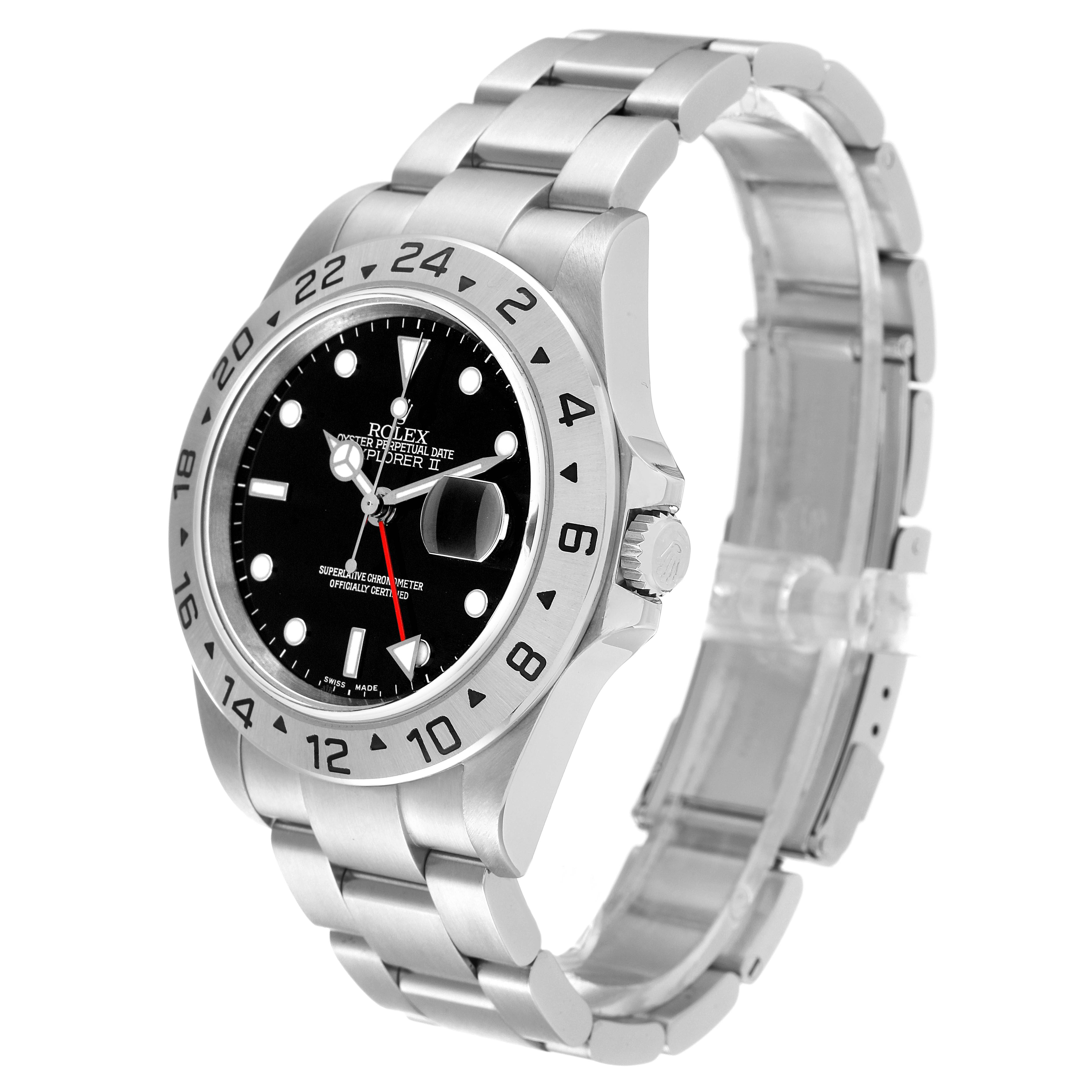 This image shows a side angle of the Rolex Explorer 16570T Men
s Stainless Steel Black Dial 16570T Men
s Stainless Steel Black Dial watch, displaying the bezel, dial, bracelet, and crown.