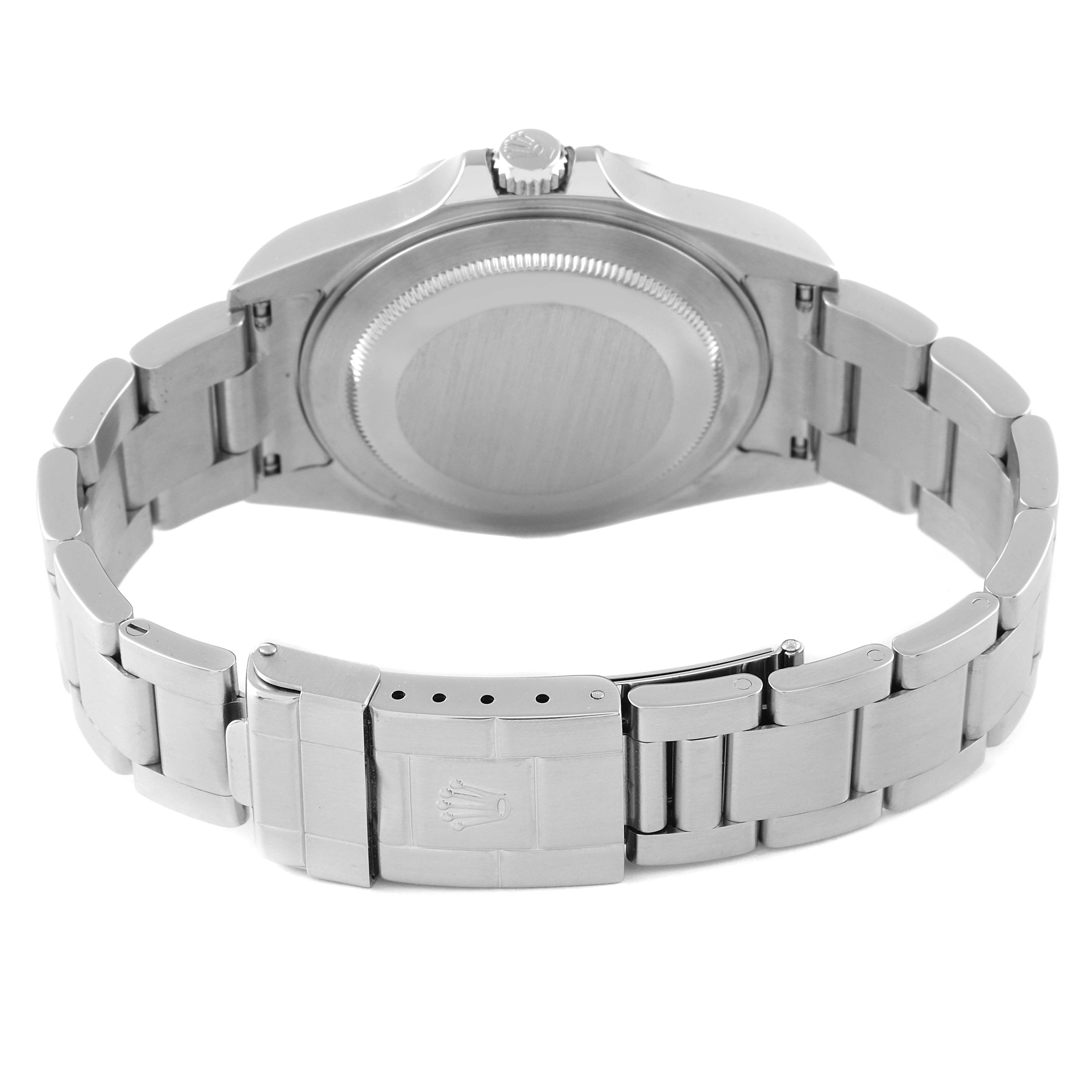 The image shows the back case and clasp of a Rolex Explorer 16570T Men
s Stainless Steel Black Dial 16570T Men
s Stainless Steel Black Dial watch from an angled view.