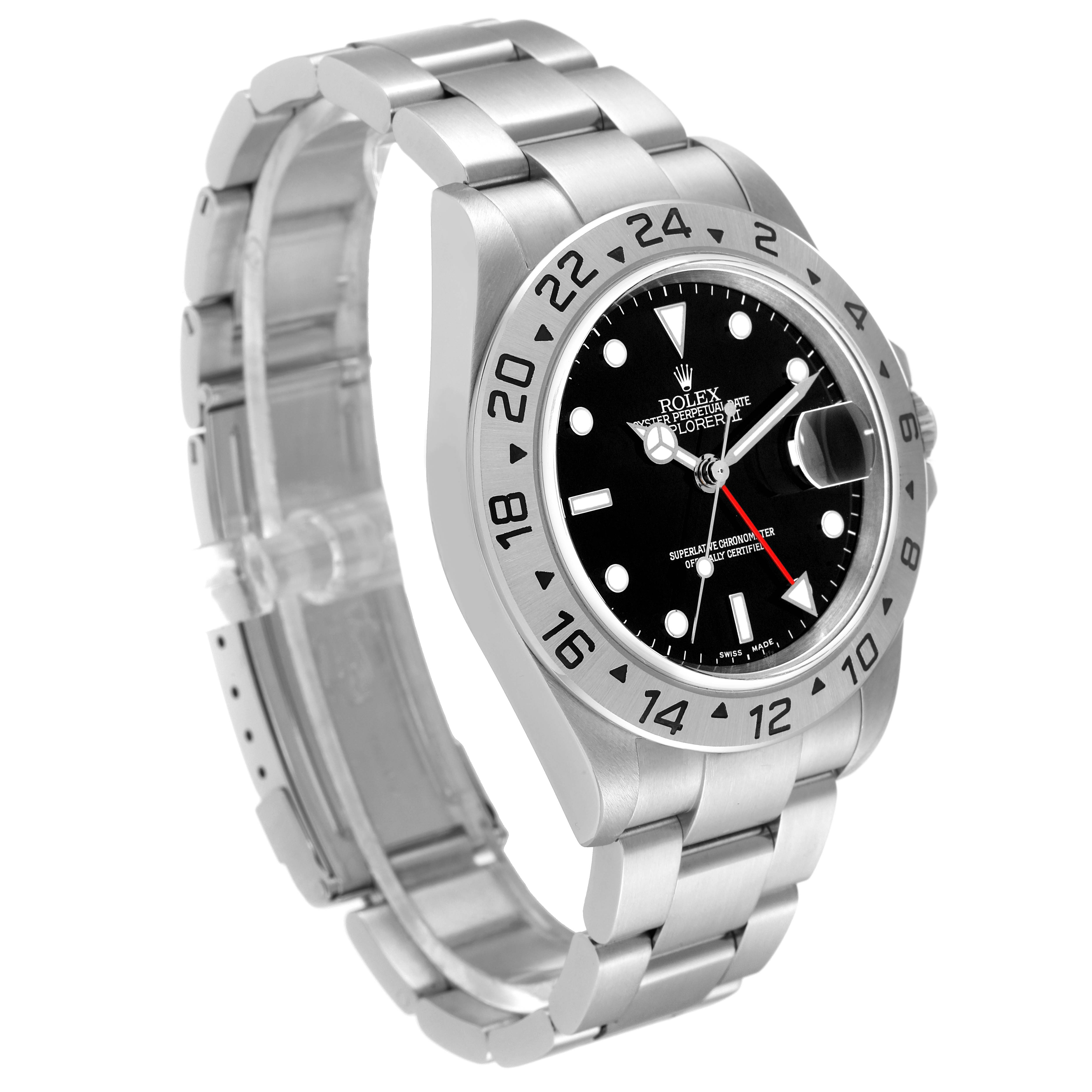 This image shows a Rolex Explorer 16570T Men
s Stainless Steel Black Dial 16570T Men
s Stainless Steel Black Dial watch at a slight angle, highlighting the face, bezel, and stainless steel bracelet.