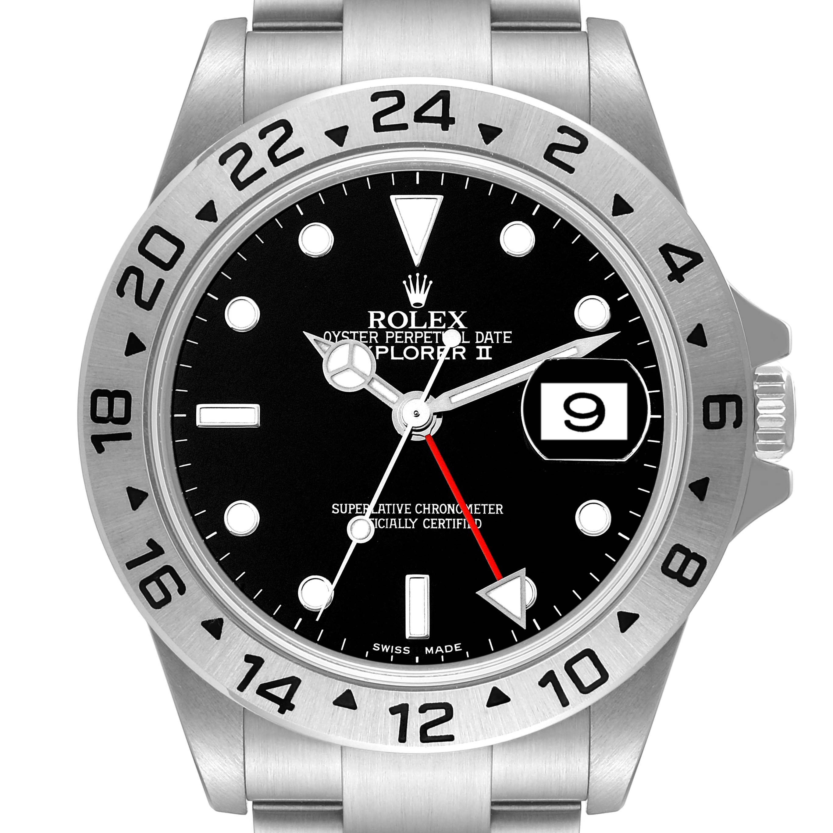 The image shows a front view of a Rolex Explorer 16570T Men
s Stainless Steel Black Dial 16570T Men
s Stainless Steel Black Dial watch, highlighting its black dial, bezel, and bracelet.