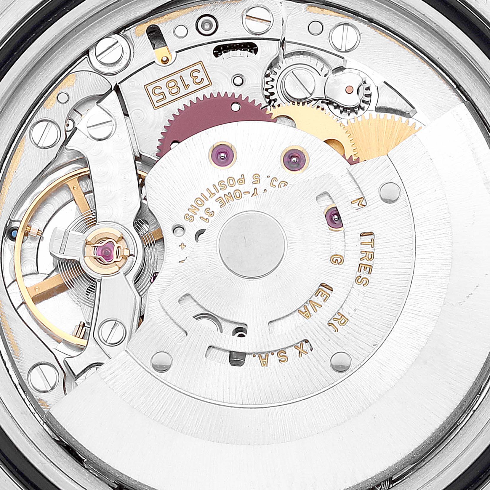 This image shows the internal mechanical movement of the Rolex Explorer 16570T Men
s Stainless Steel Black Dial 16570T Men
s Stainless Steel Black Dial, viewed from the back.