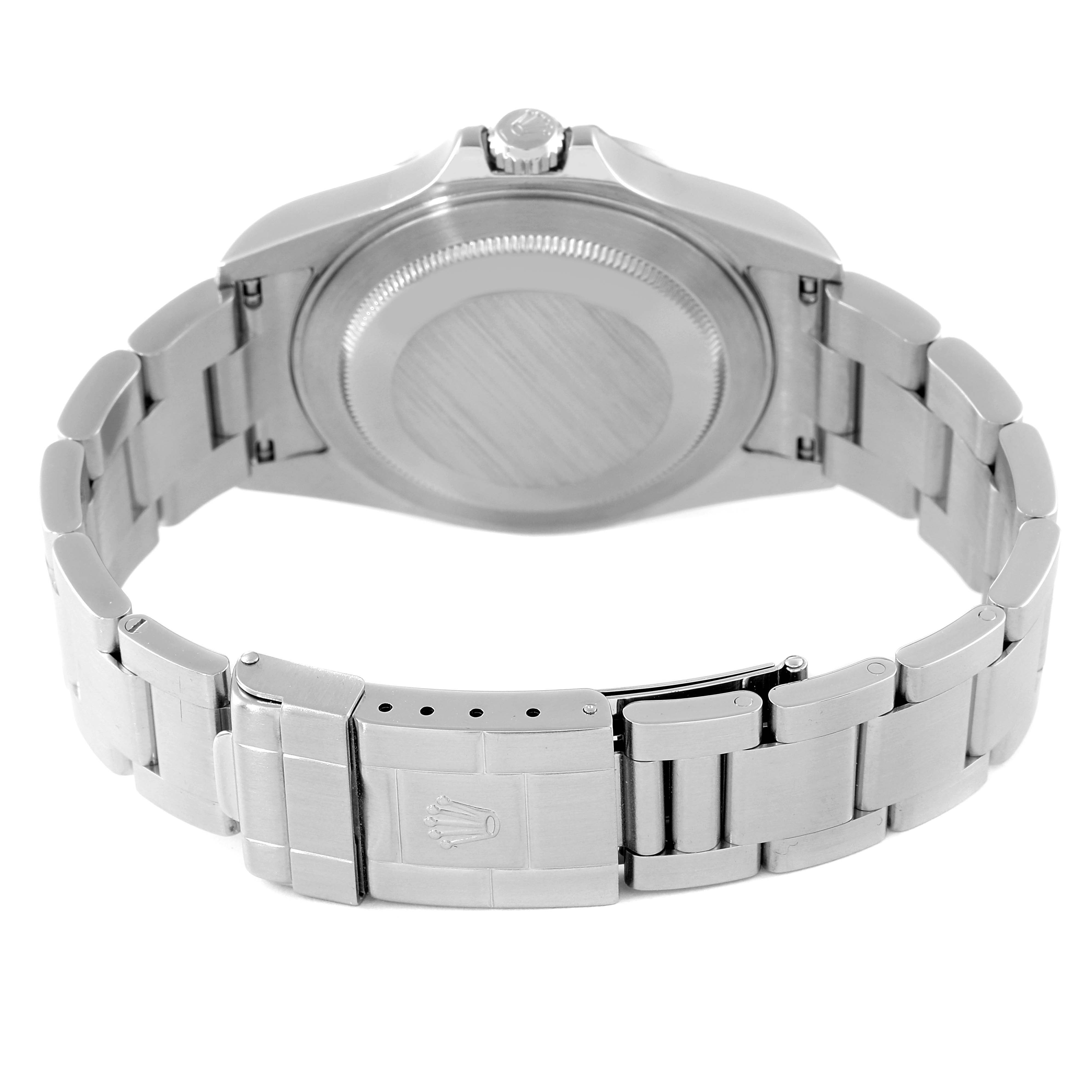 This image shows the back case and the clasp of a Rolex Explorer 16570T Men
s Stainless Steel Black Dial 16570T Men
s Stainless Steel Black Dial watch.