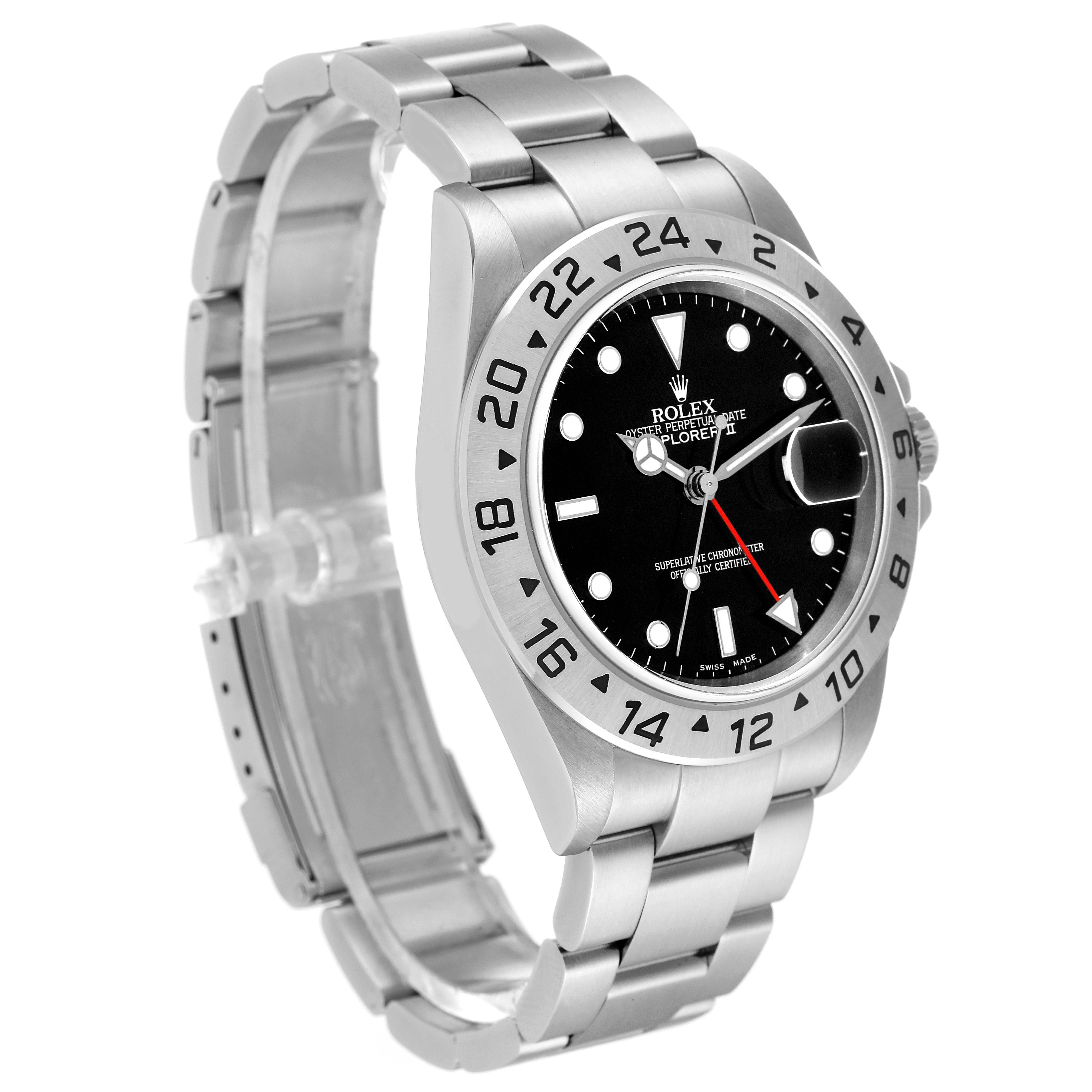The Rolex Explorer 16570T Men
s Stainless Steel Black Dial 16570T Men
s Stainless Steel Black Dial model watch is shown at an angled side view, highlighting the bracelet, bezel, and face.
