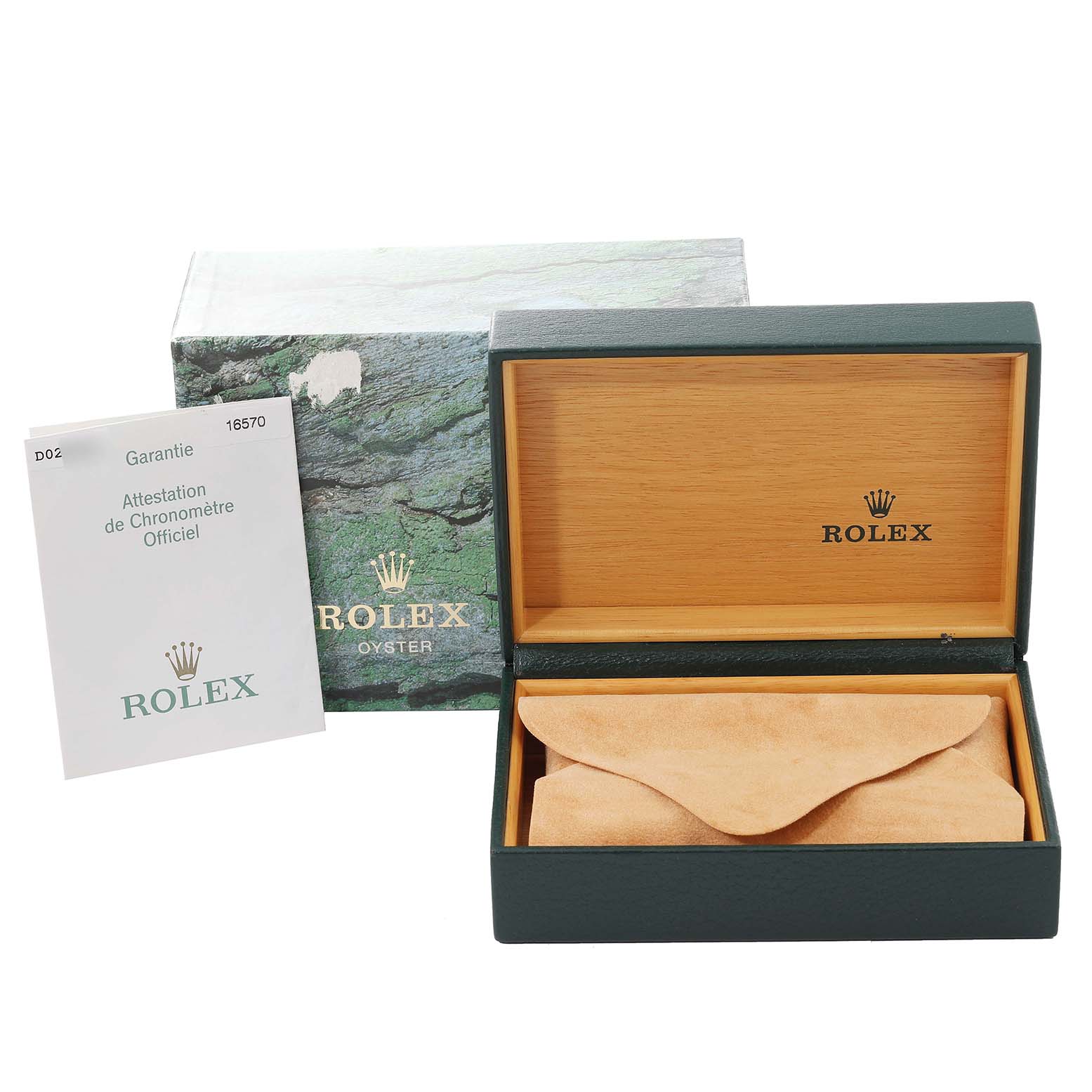 The image shows a green and wooden Rolex box, warranty card, and outer packaging for the Rolex Explorer 16570T Men
s Stainless Steel Black Dial 16570T Men
s Stainless Steel Black Dial model.