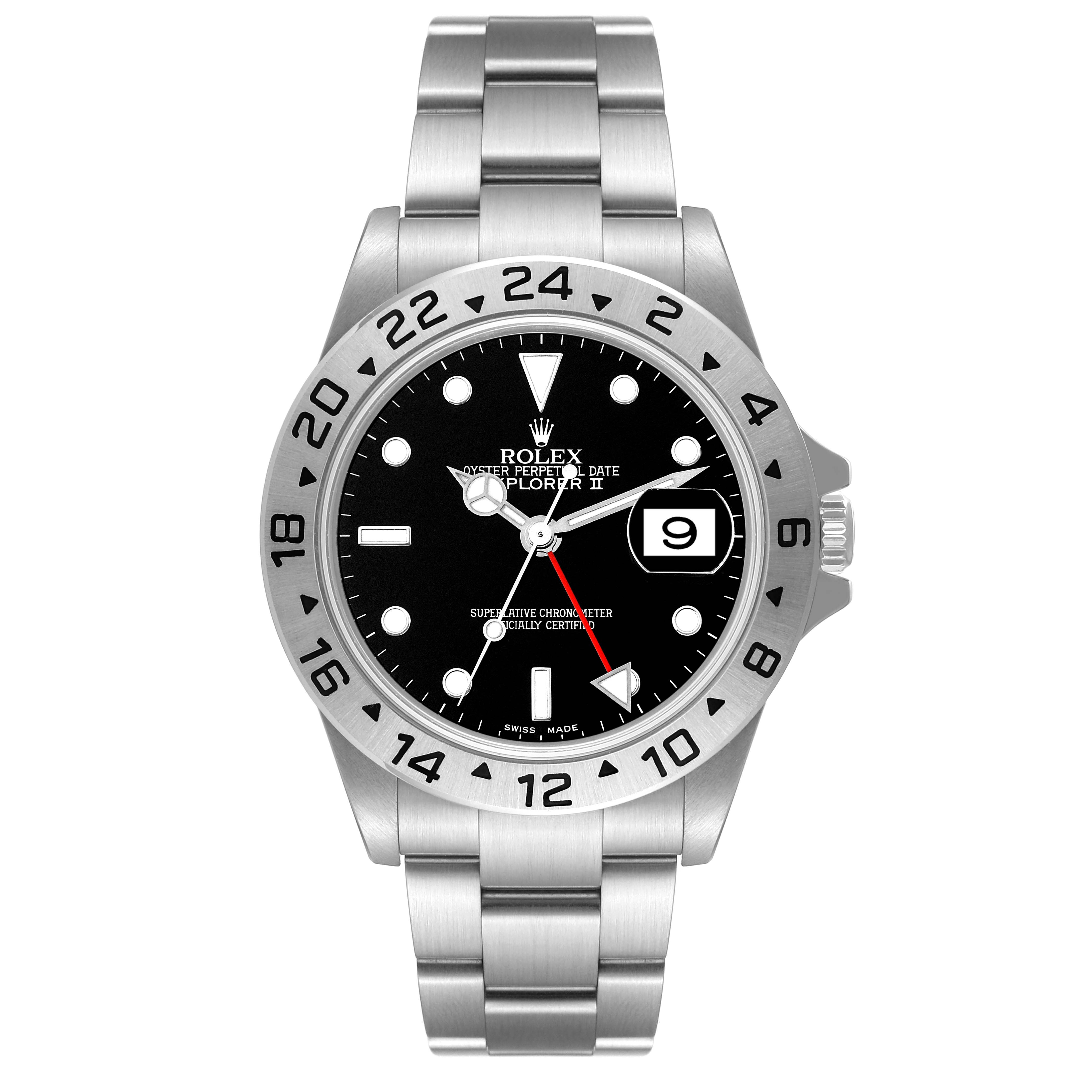 The image shows a front view of a Rolex Explorer 16570T Men
s Stainless Steel Black Dial 16570T Men
s Stainless Steel Black Dial watch, displaying its face, bezel, bracelet, and date window.