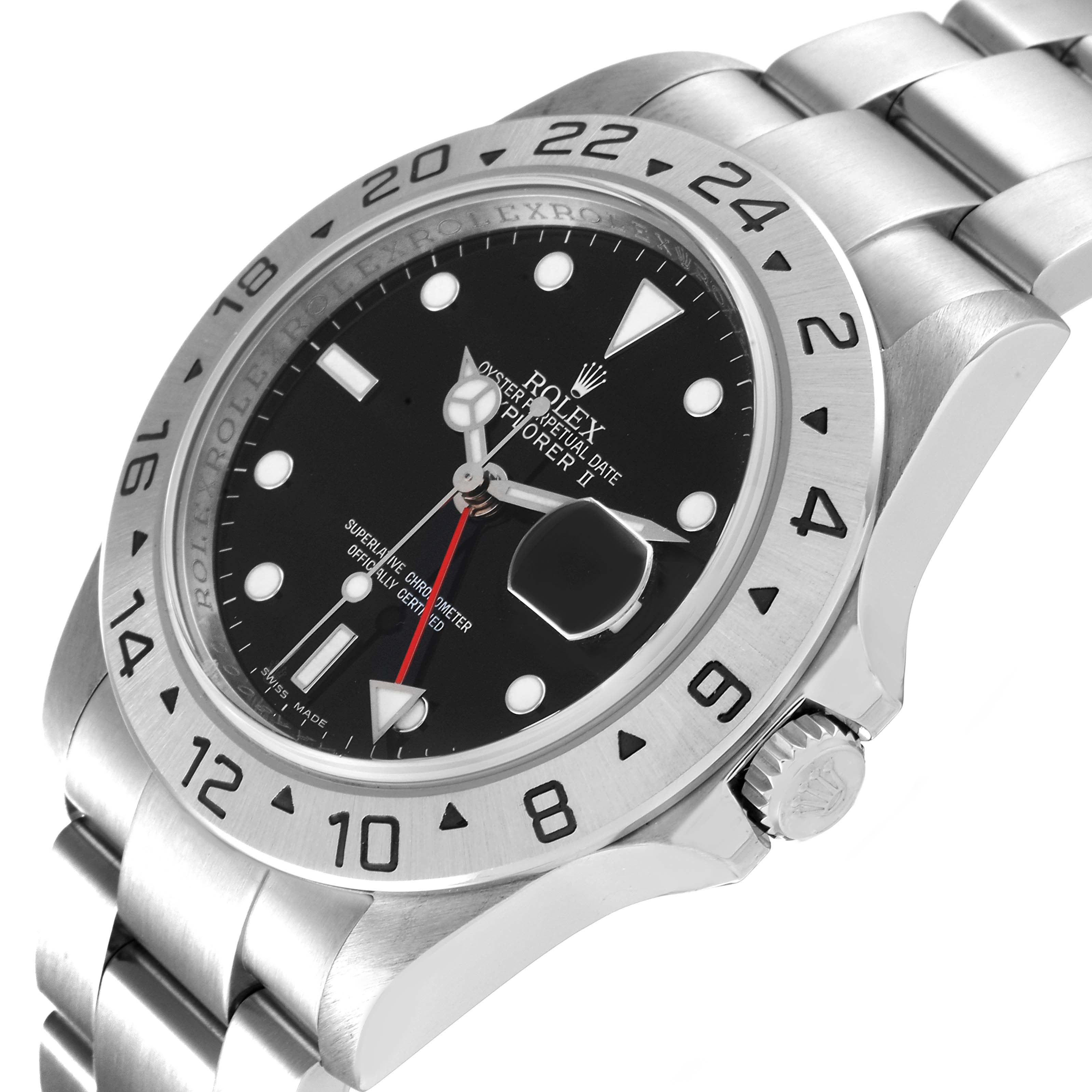 This image shows a Rolex Explorer 16570T Men
s Stainless Steel Black Dial 16570T Men
s Stainless Steel Black Dial watch at a slight angle, displaying the black dial, bezel, and part of the bracelet.