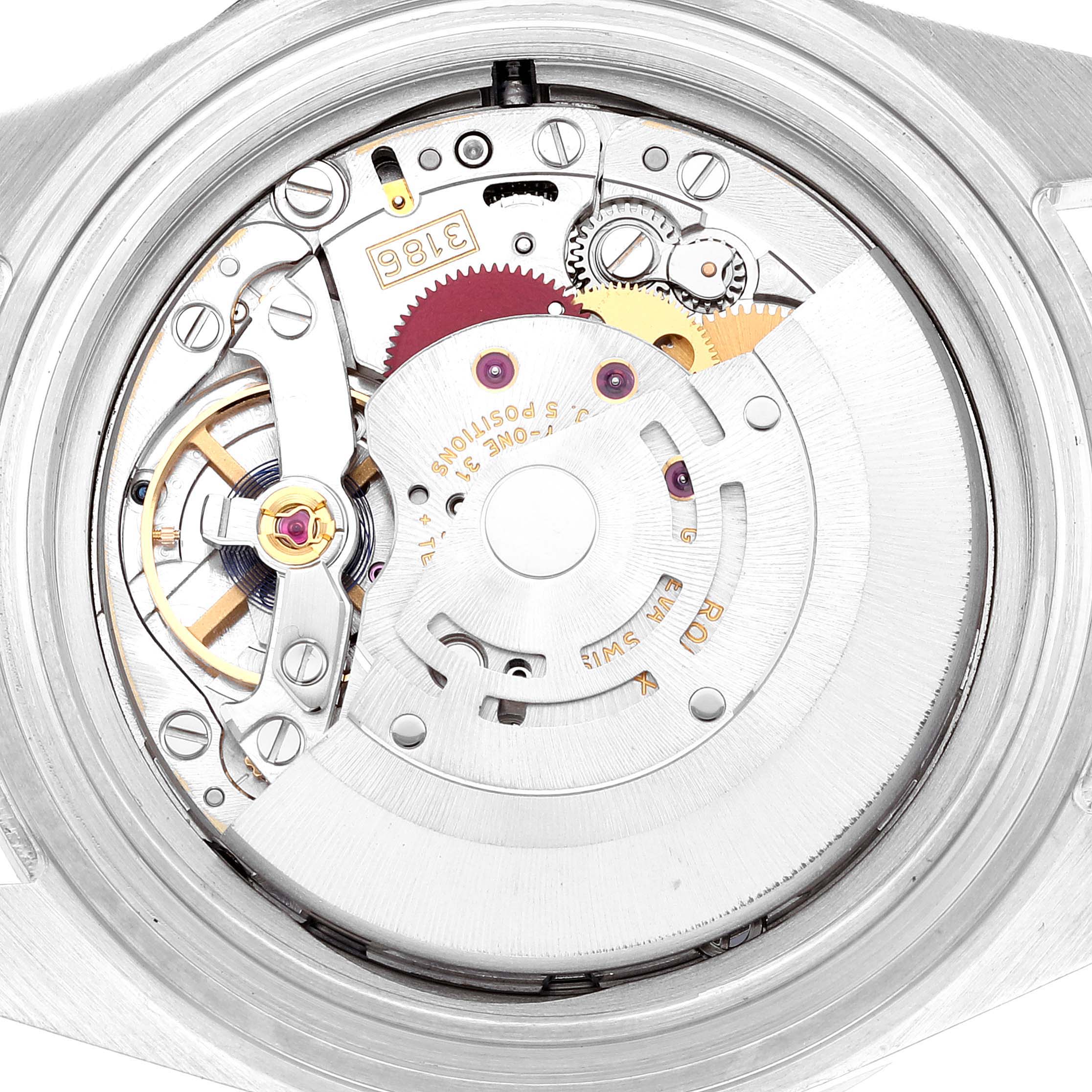 The image shows the internal mechanical movement of a Rolex Explorer 16570T Men
s Stainless Steel Black Dial 16570T Men
s Stainless Steel Black Dial watch, viewed from a back angle.