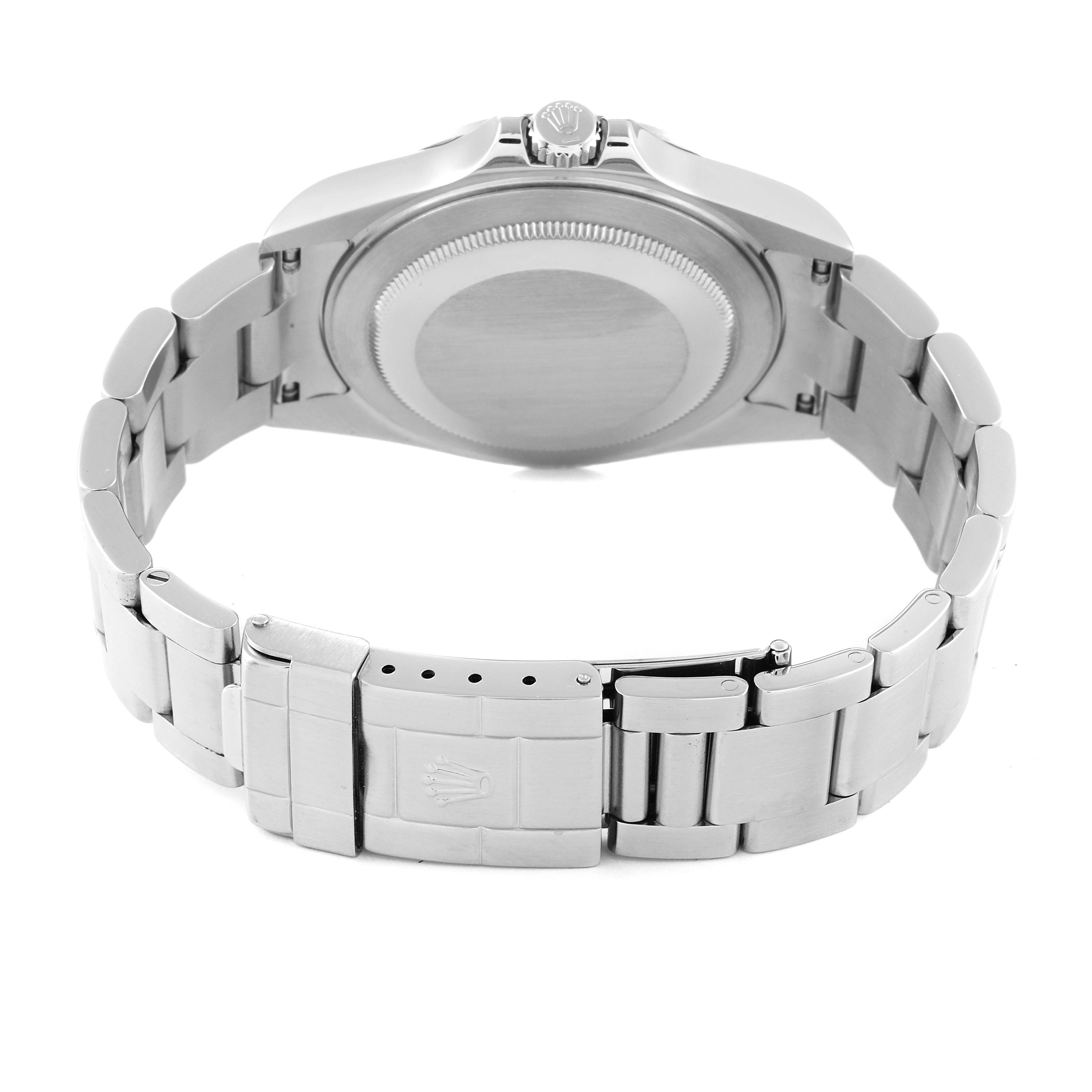 The image shows the back view of a Rolex Explorer 16570T Men
s Stainless Steel Black Dial 16570T Men
s Stainless Steel Black Dial watch, highlighting its case back and stainless steel bracelet with clasp.