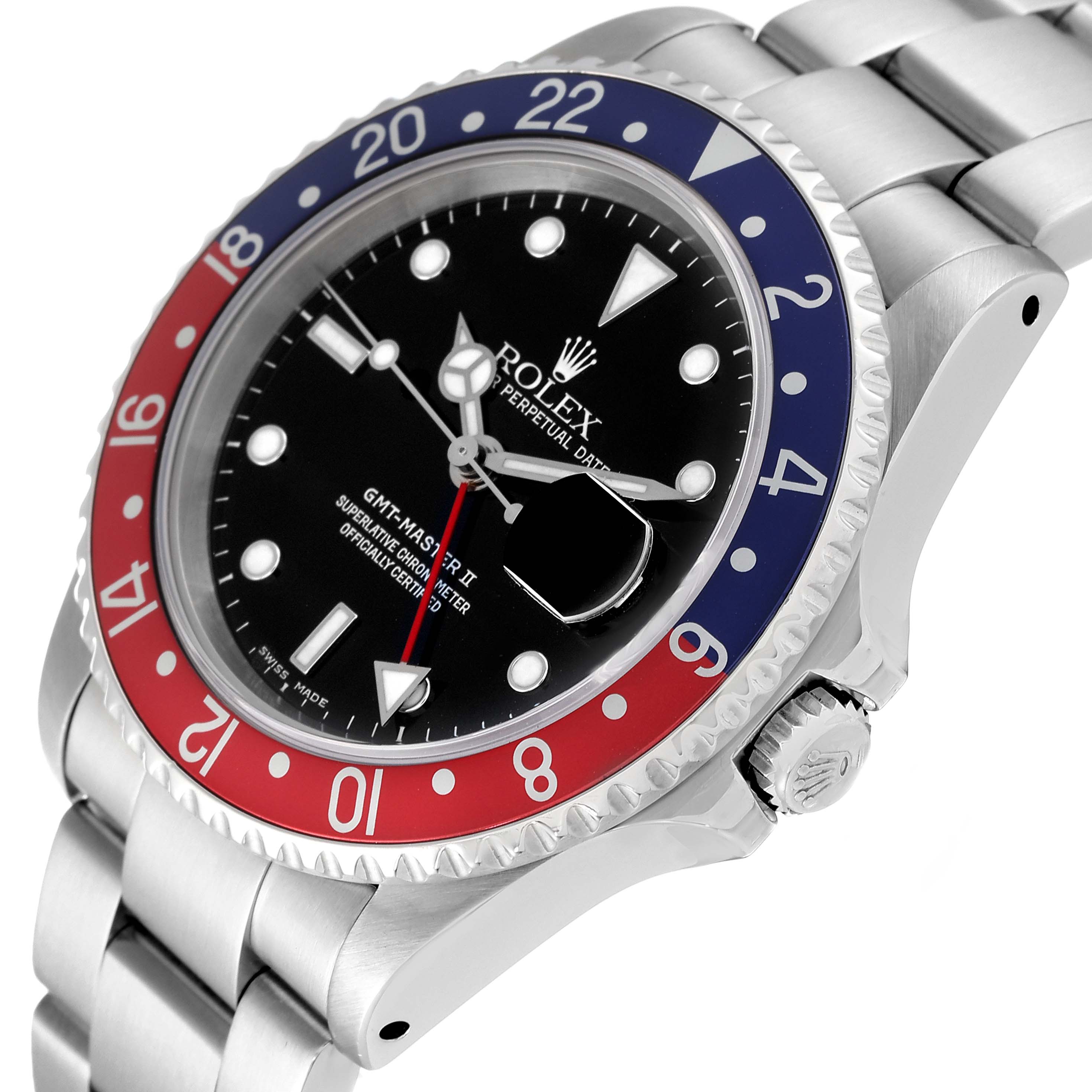 The Rolex GMT-Master 16710 Men
s Stainless Steel Black Dial 16710 Men
s Stainless Steel Black Dial watch is shown at an angled view, displaying the face, bezel, bracelet, and partially the crown.