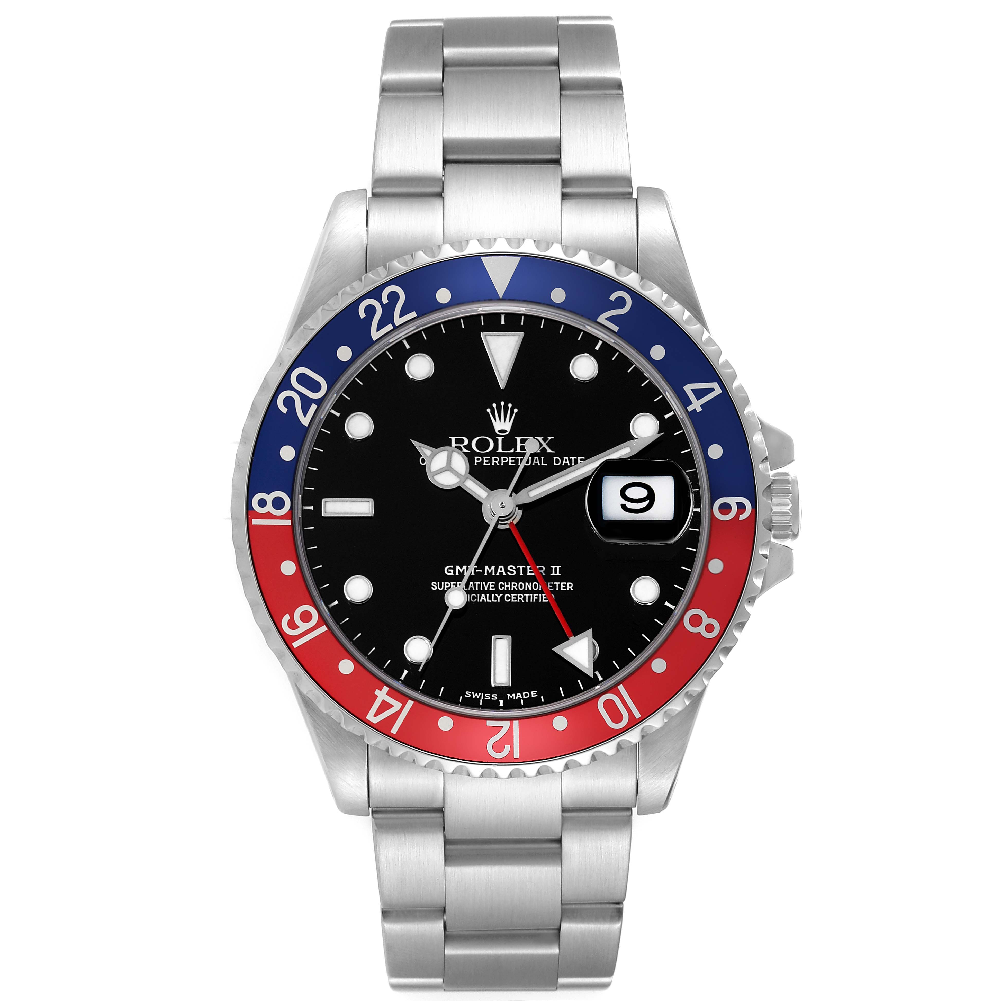 The Rolex GMT-Master 16710 Men
s Stainless Steel Black Dial 16710 Men
s Stainless Steel Black Dial II watch is shown from a top-down angle, displaying its entire face, bezel, and bracelet.