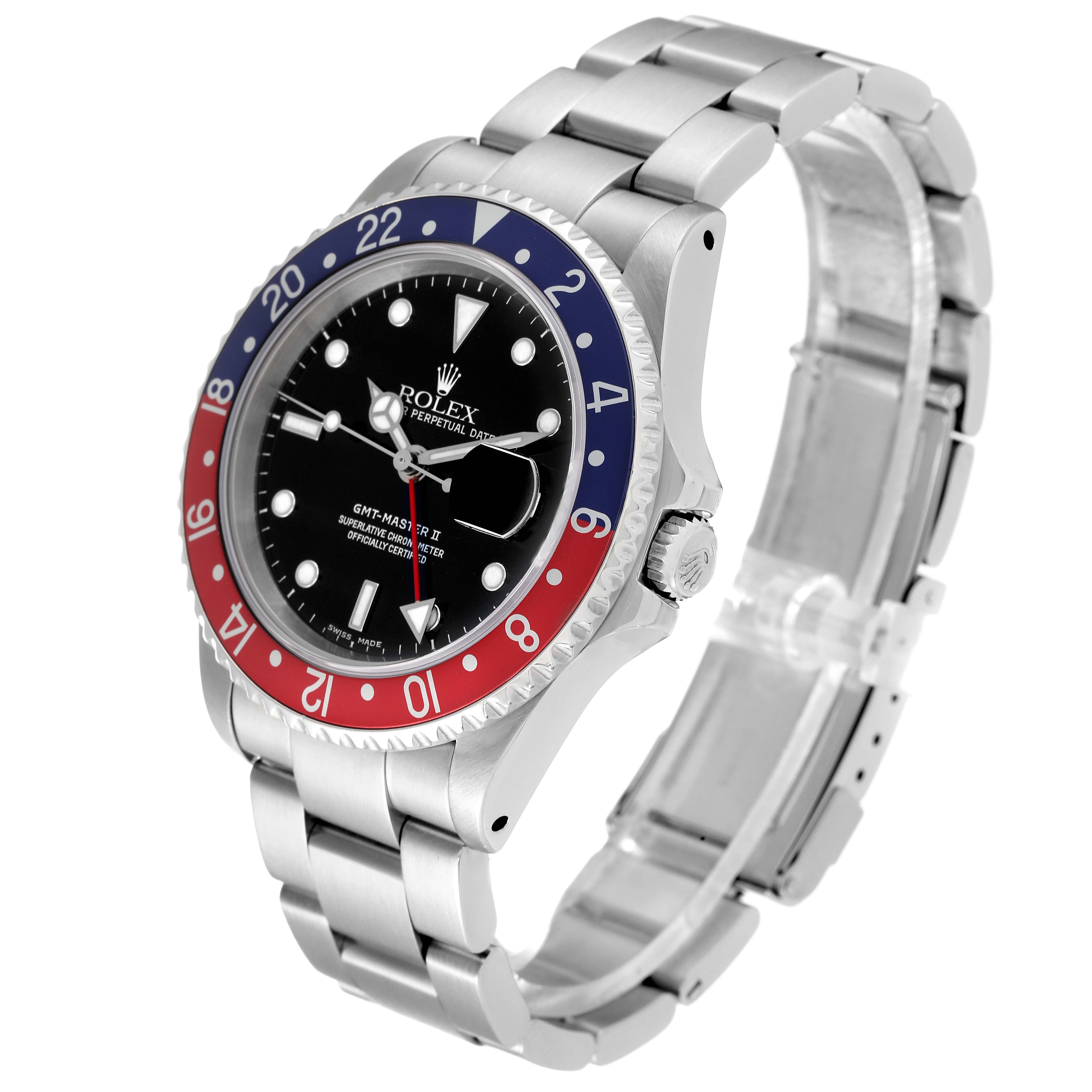 The image shows a Rolex GMT-Master 16710 Men
s Stainless Steel Black Dial 16710 Men
s Stainless Steel Black Dial II watch at a three-quarter front angle, highlighting the bezel, dial, crown, and bracelet.